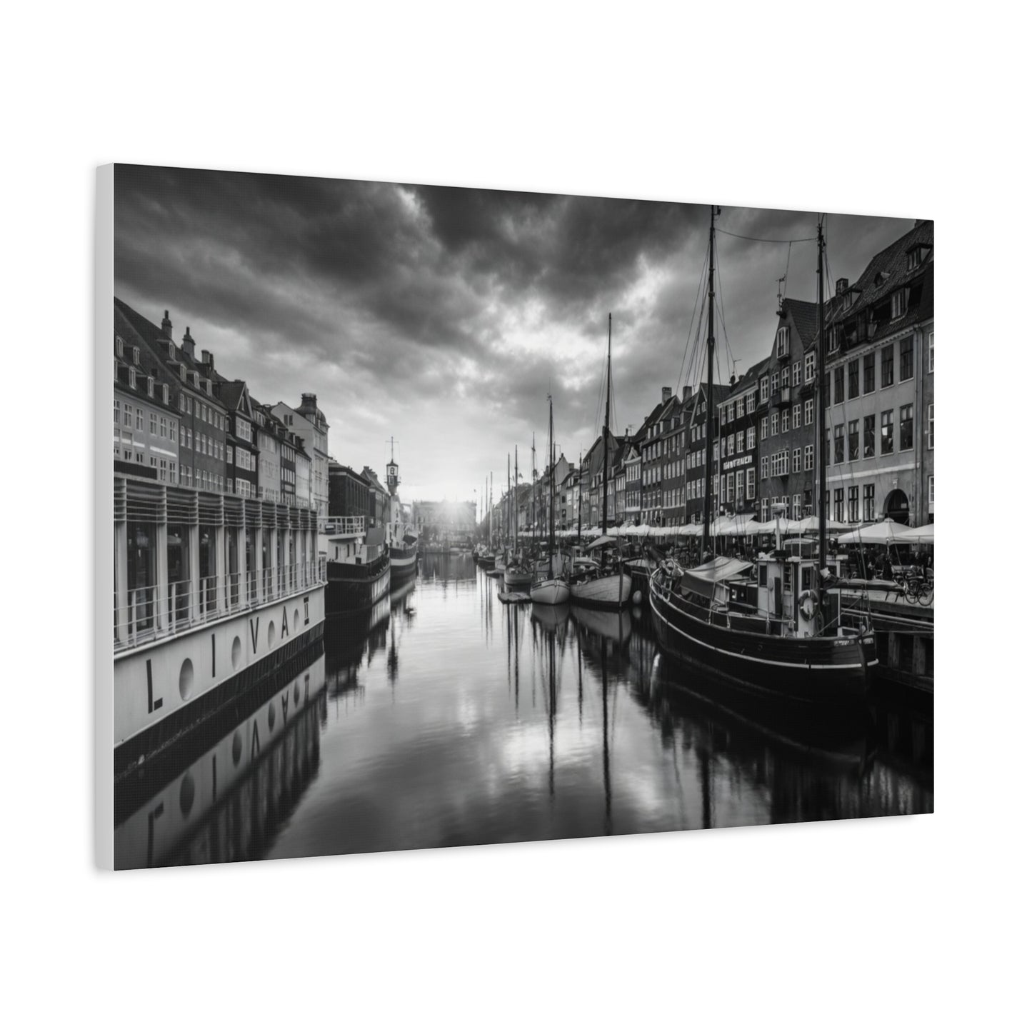 Black & White Harbor Canvas Print — Dramatic Copenhagen Cityscape Wall Art