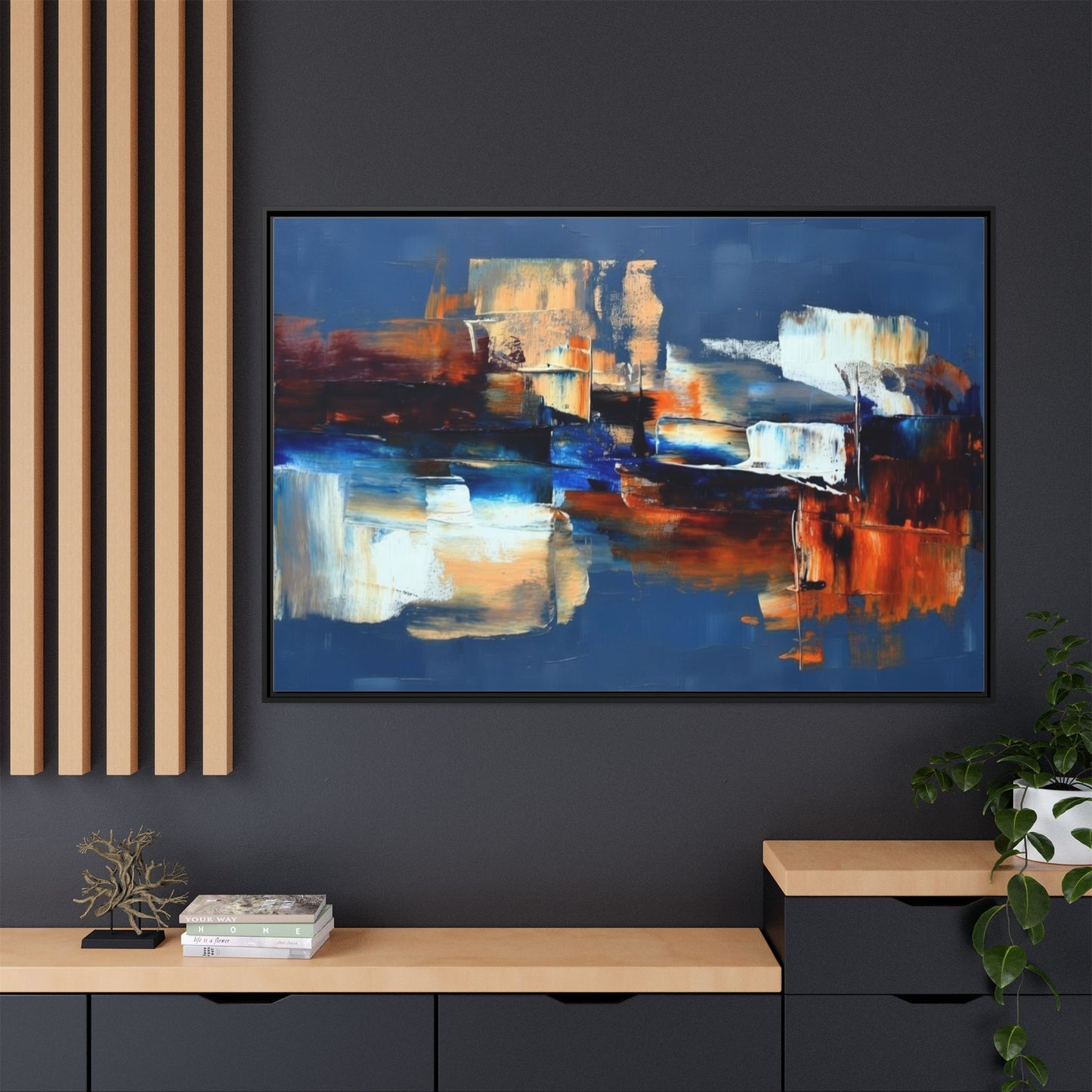 Abstract Blue & Rust Framed Canvas Art — Modern Matte Wall Painting