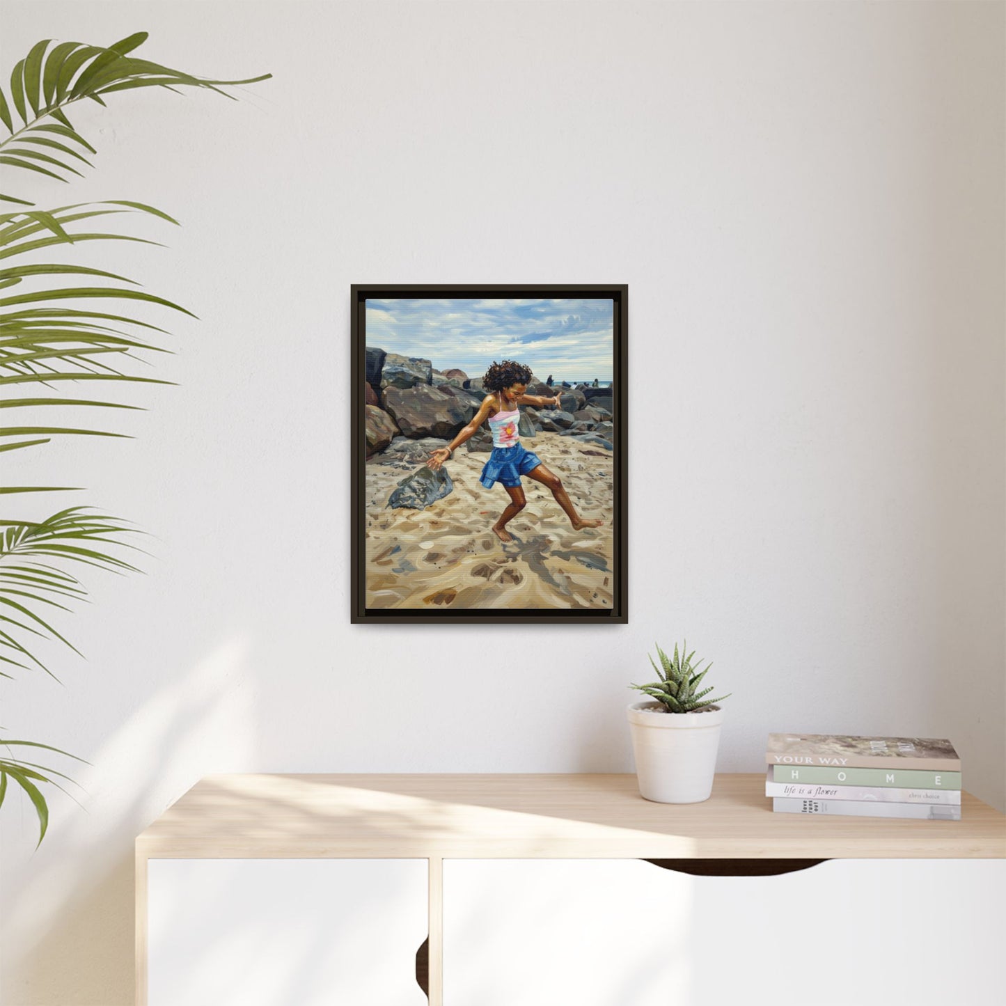 Framed Canvas Art - Girl Dancing on the Beach (Matte Multi-Color)