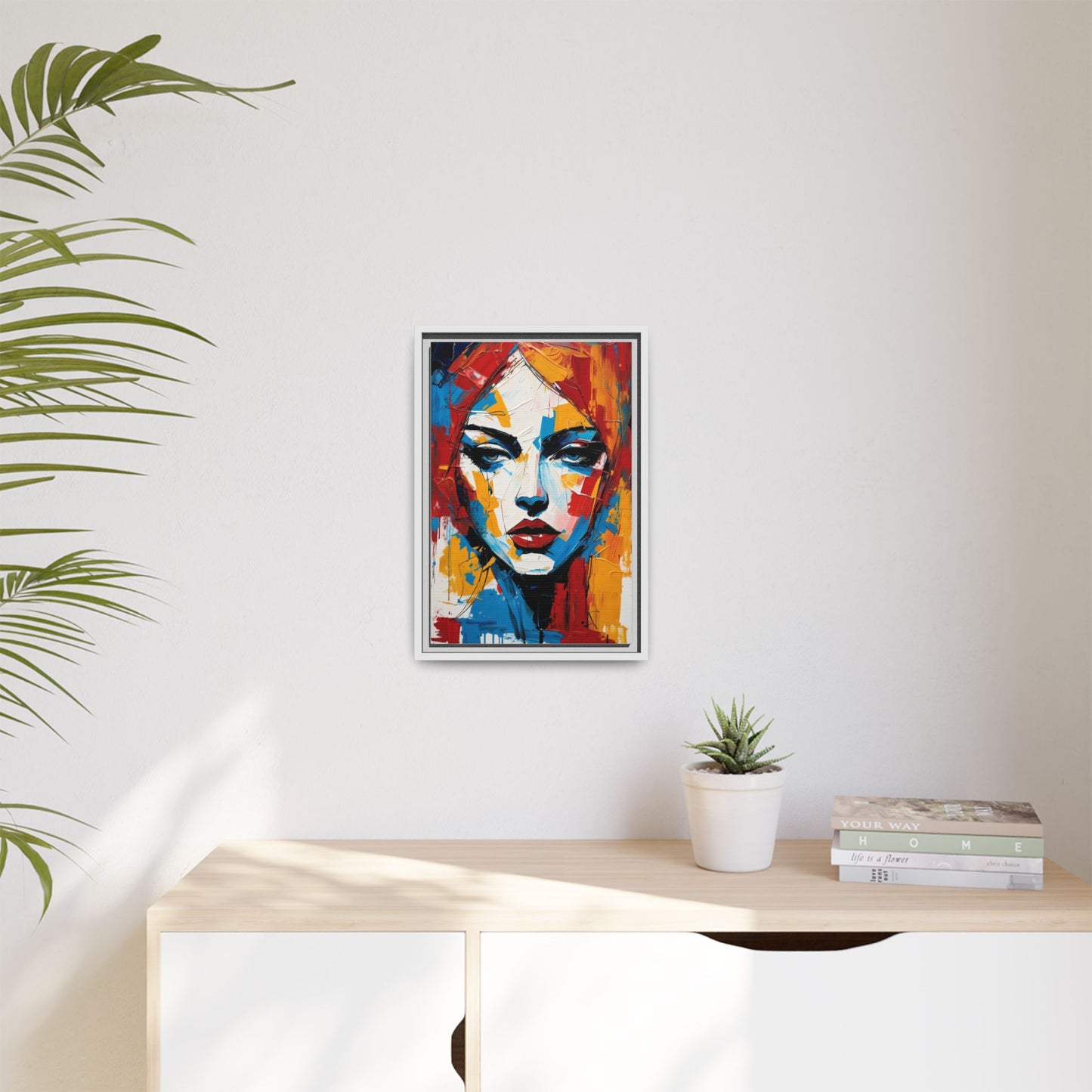 Framed Abstract Portrait Canvas — Colorful Female Face Wall Art
