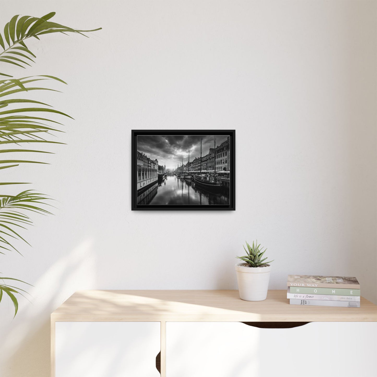 Framed Matte Canvas: Black & White Dutch Canal Photography Wall Art
