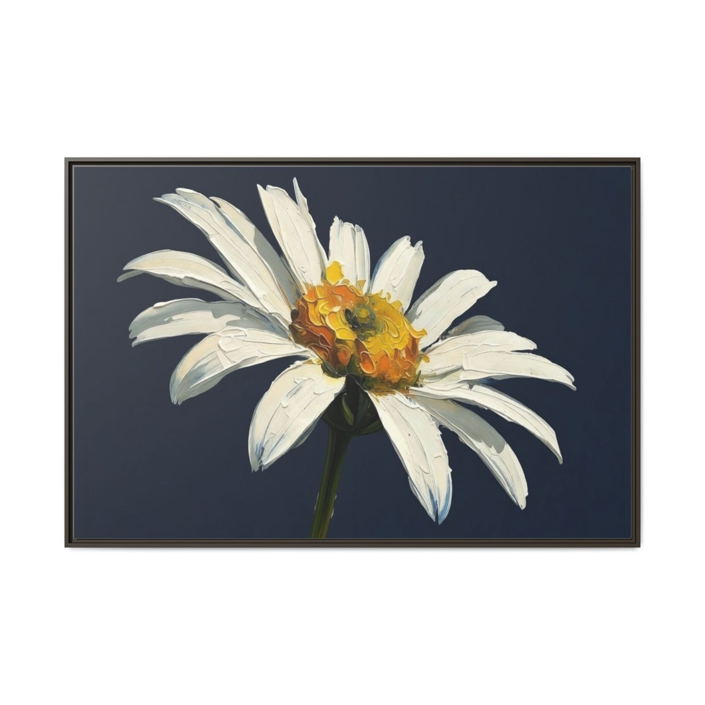 Framed Matte Canvas Daisy Wall Art — White Floral Painting on Navy