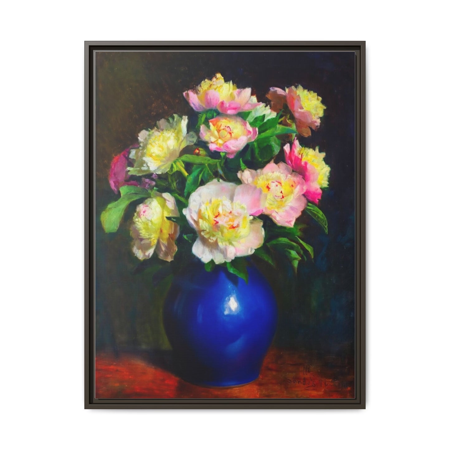 Framed Matte Canvas Wall Art — Vintage Floral Bouquet in Blue Vase