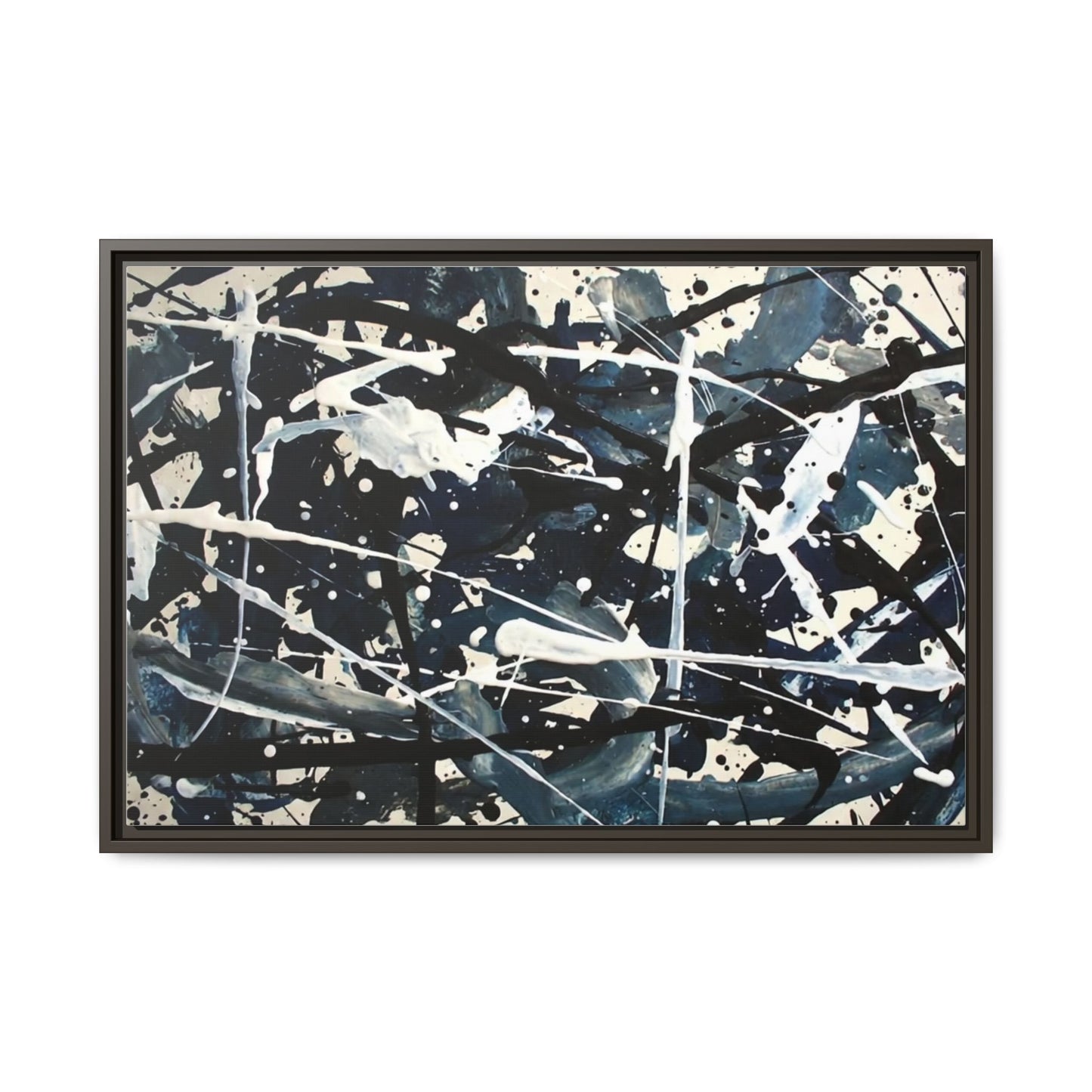 Abstract Splatter Matte Canvas Framed Wall Art — Black & Blue Modern Art Print