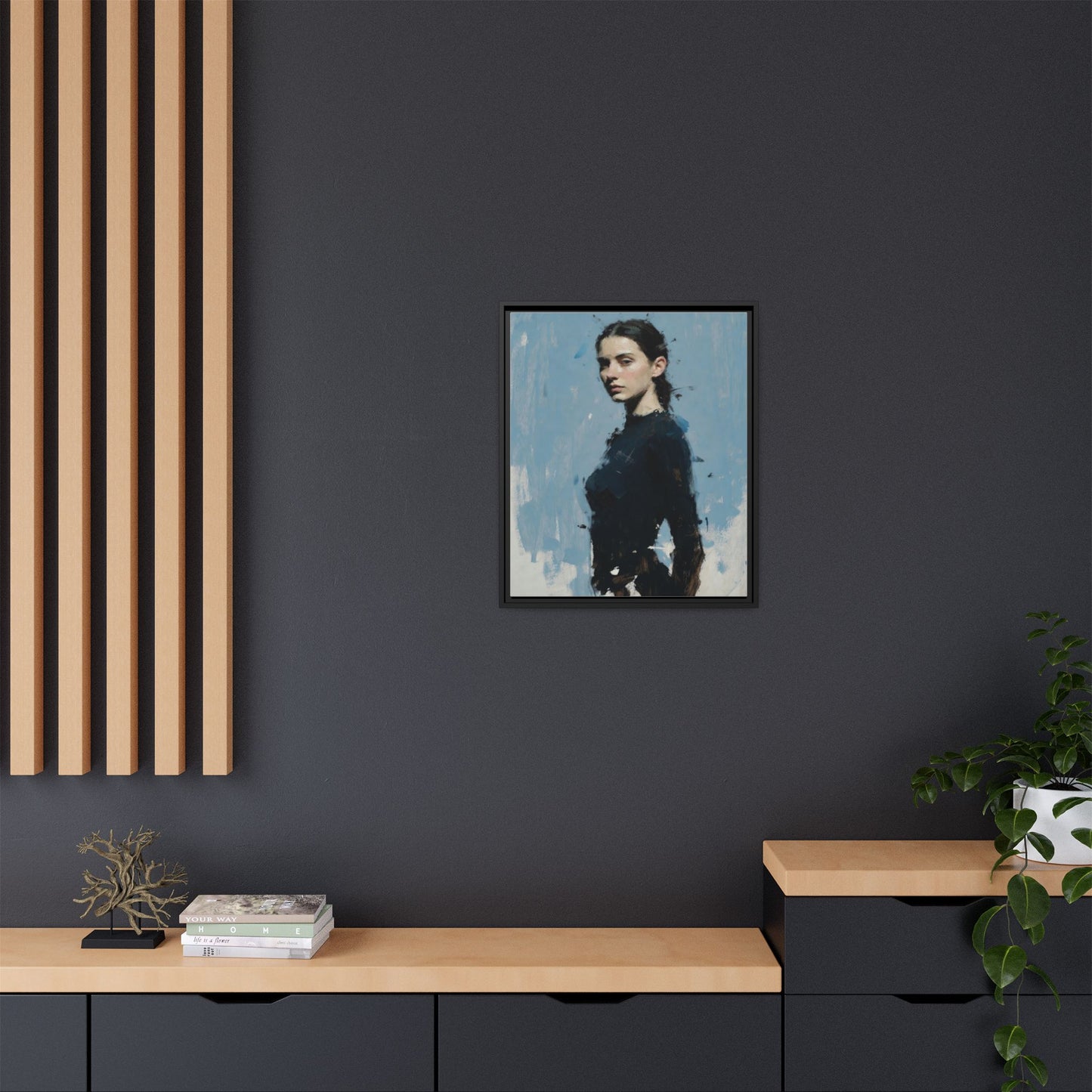 Framed Matte Canvas Portrait Print — Elegant Blue Woman Art