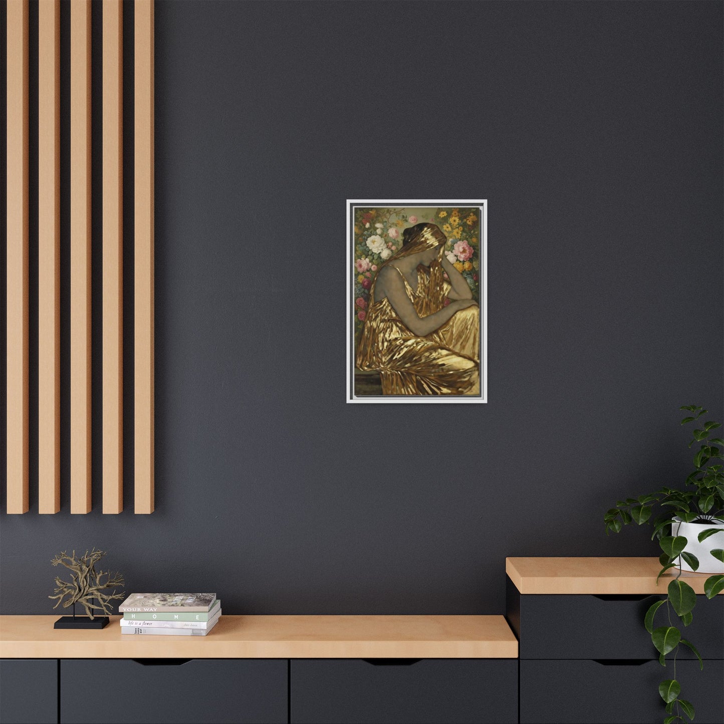 Framed Canvas Art Print — Golden Muse Woman with Floral Background