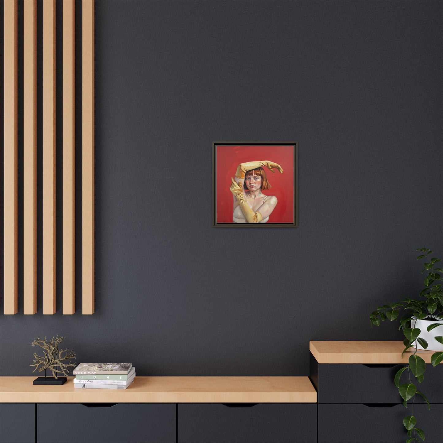 Framed Matte Canvas Art - Portrait of Woman in Yellow Gloves (Red Background)