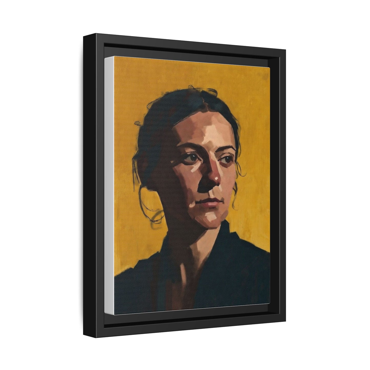 Framed Matte Canvas Portrait Art — Moody Woman on Mustard Background