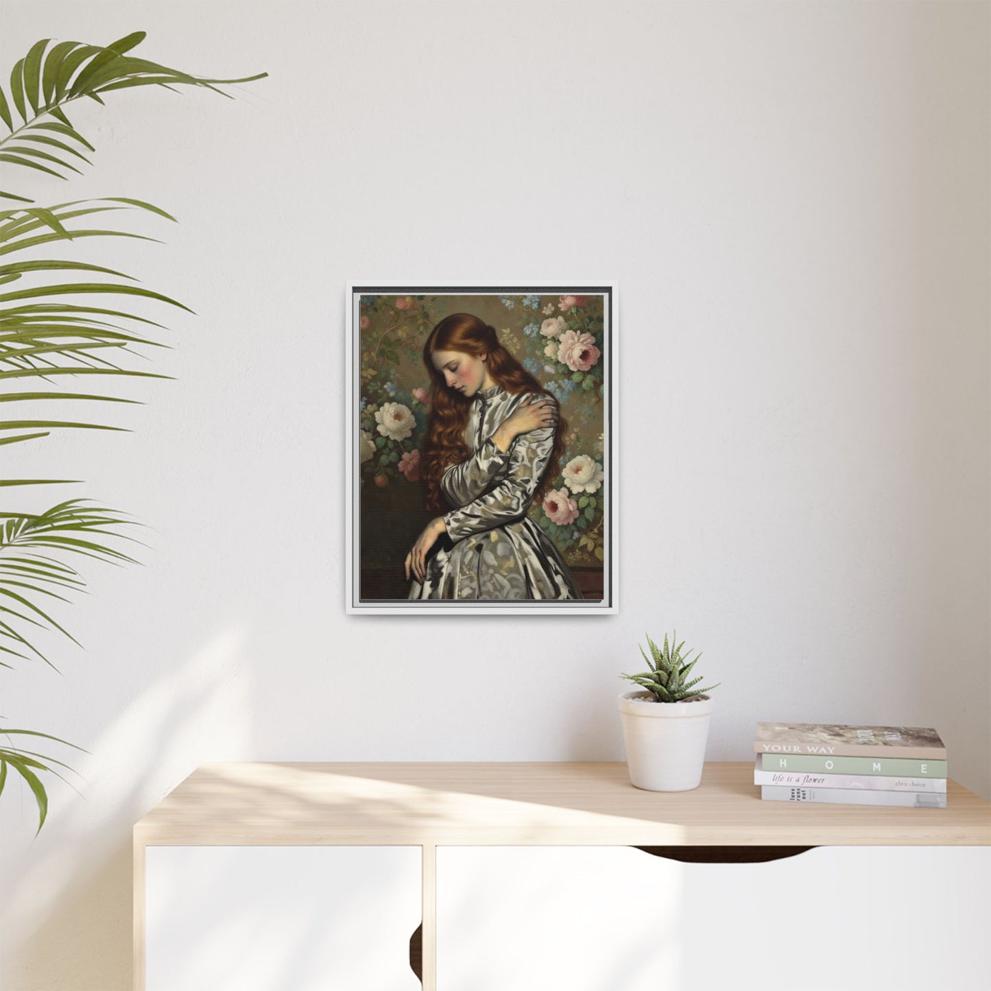 Framed Matte Canvas Art — Vintage Floral Portrait of a Young Woman