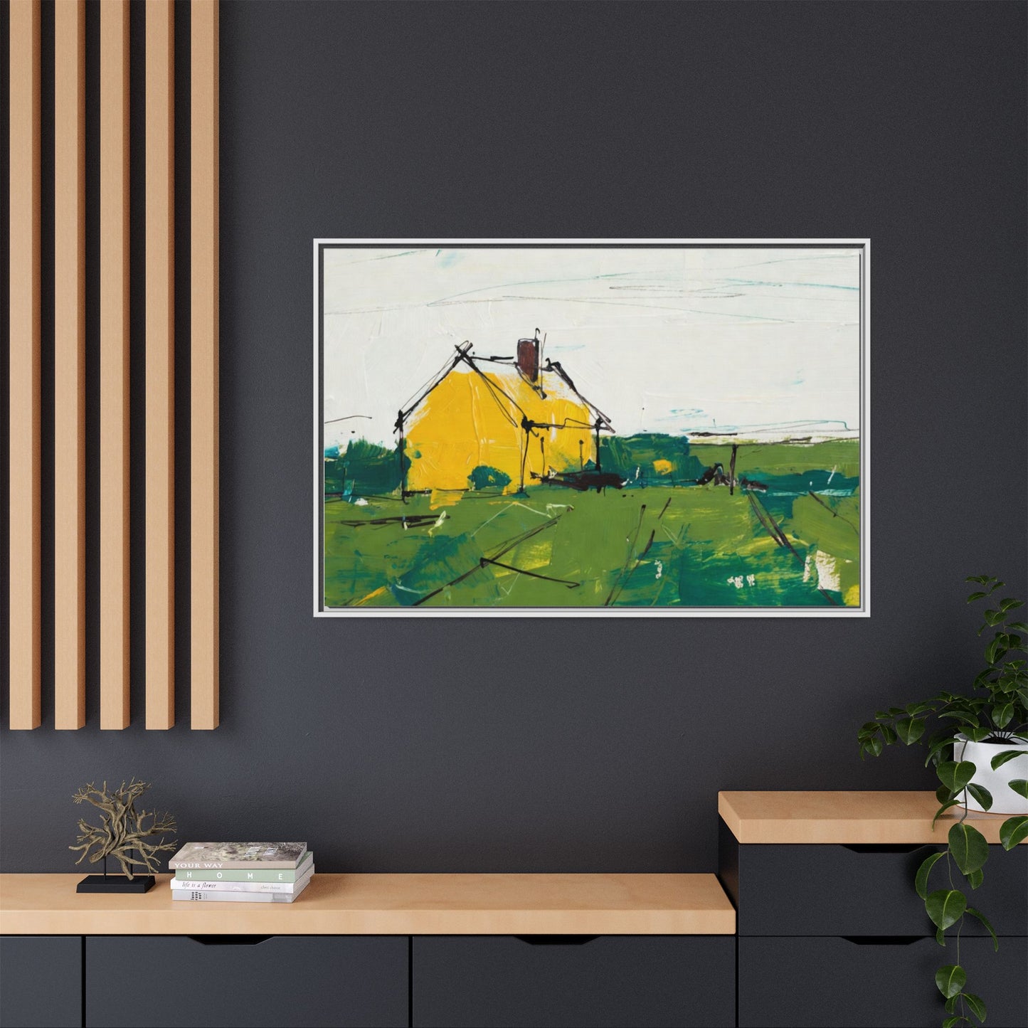Yellow Cottage Landscape Framed Canvas Print