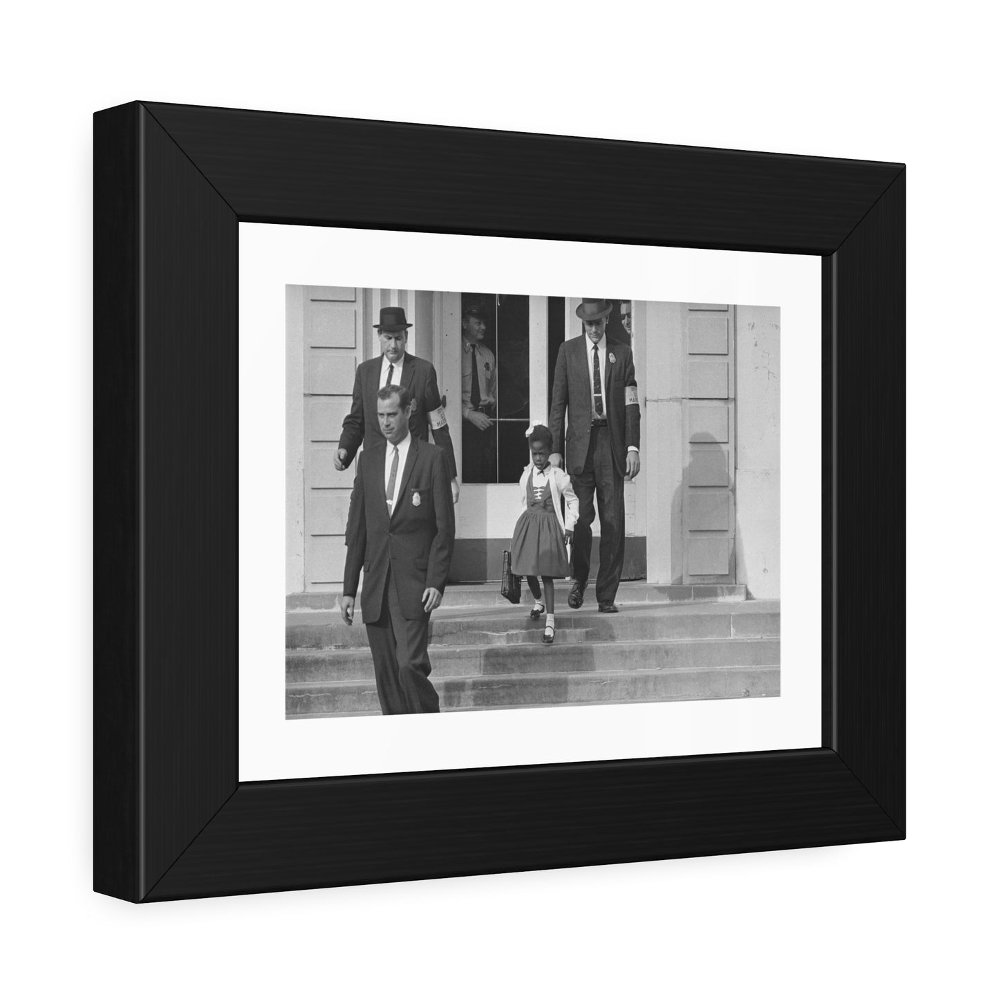 US Marshals with Young Ruby Bridges on School Steps by Unknown  Black & White Civil Rights Photograph Framed Wall Art Print