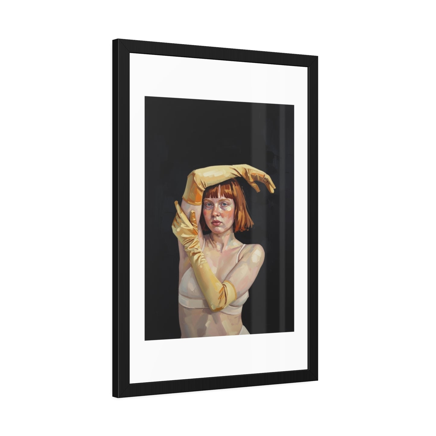 Framed Art Poster — Portrait of Redhead Woman in Yellow Gloves (Gallery Wall Print)