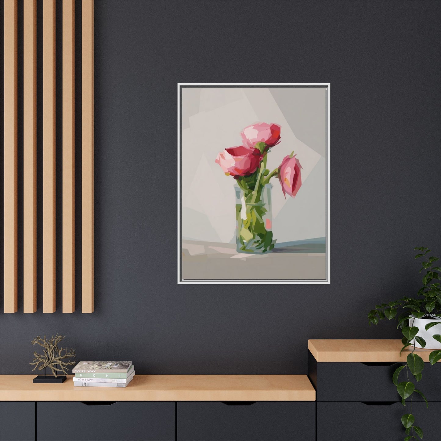Framed Canvas Art — Pink Roses in Vase, Modern Floral Wall Print
