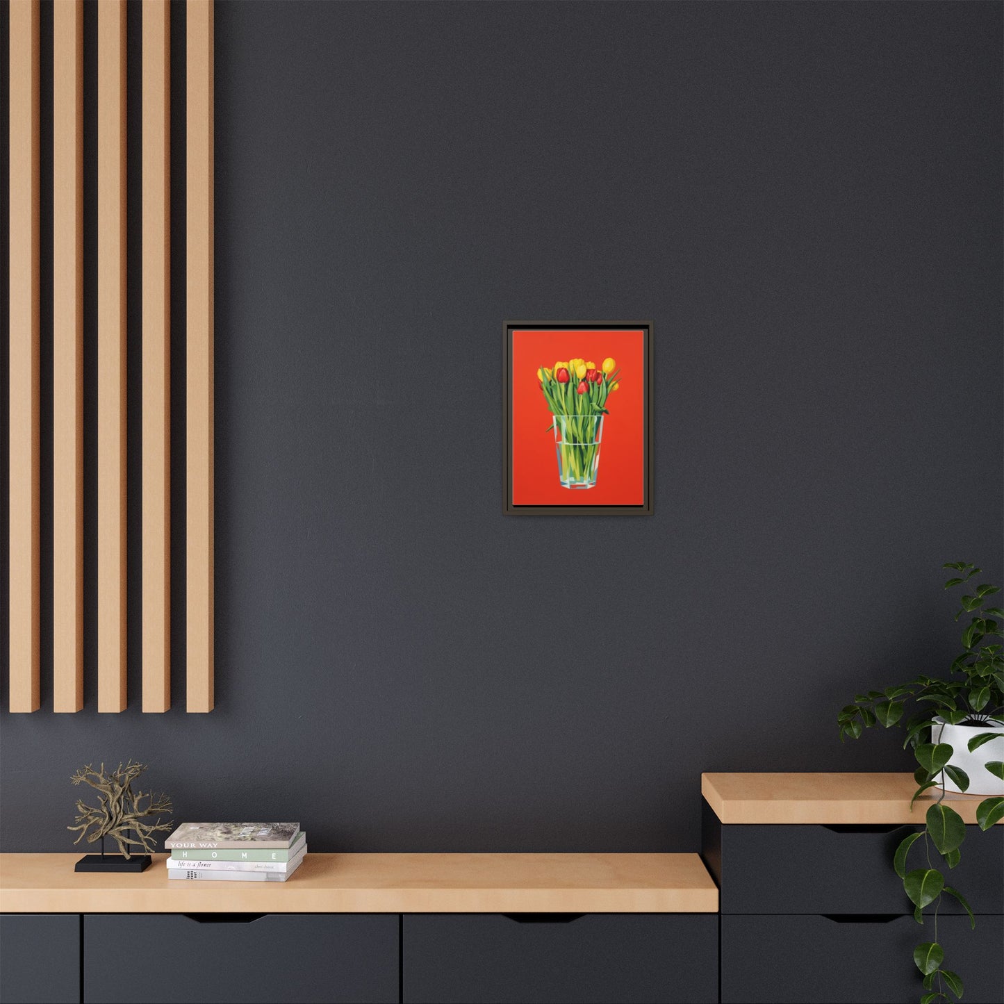 Framed Tulip Bouquet Matte Canvas Art — Vibrant Red Floral Wall Print
