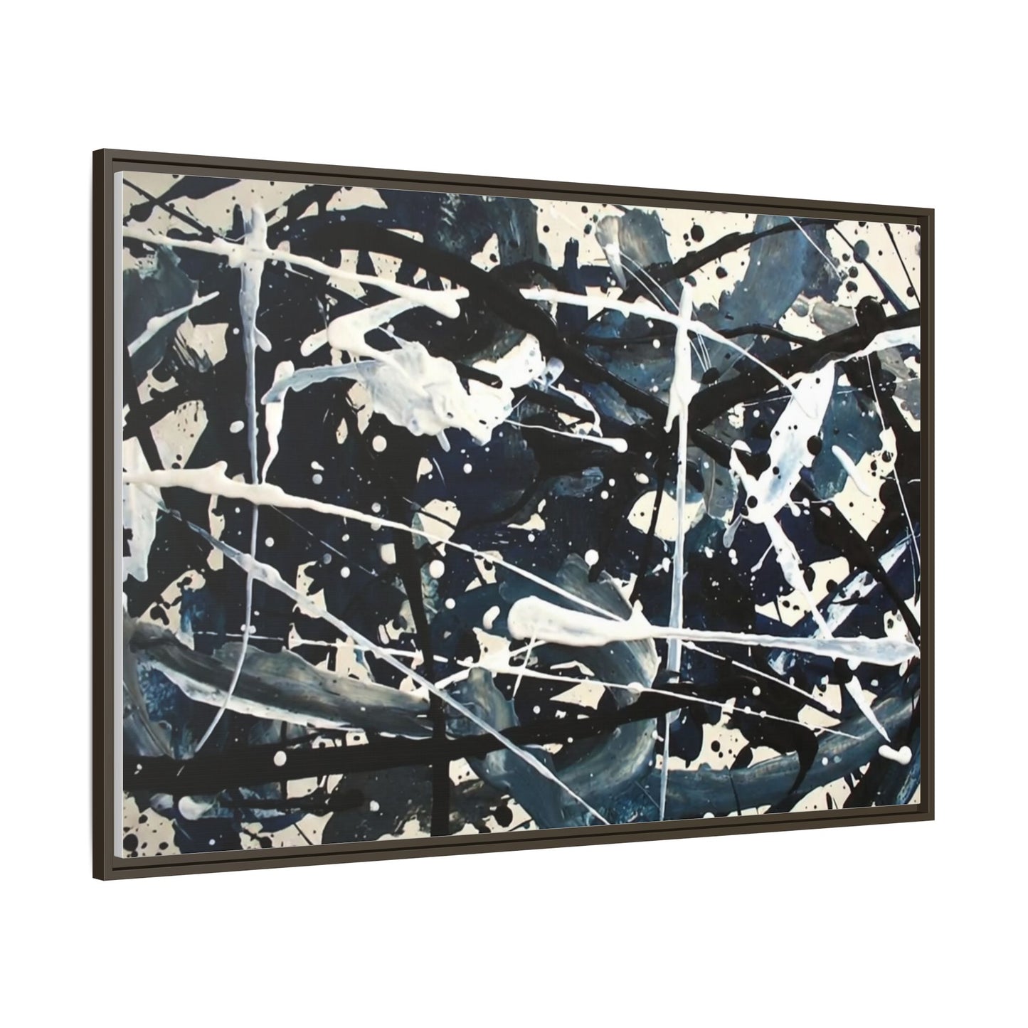 Abstract Splatter Matte Canvas Framed Wall Art — Black & Blue Modern Art Print