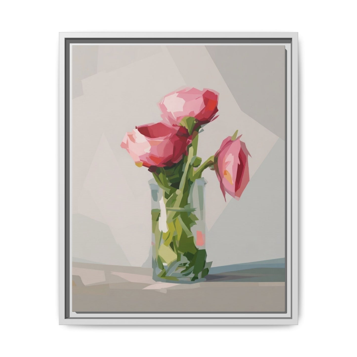 Framed Canvas Art — Pink Roses in Vase, Modern Floral Wall Print