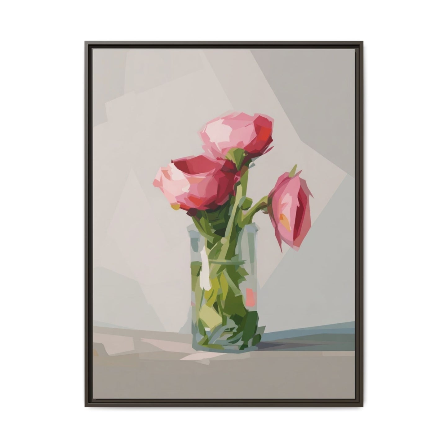 Framed Canvas Art — Pink Roses in Vase, Modern Floral Wall Print