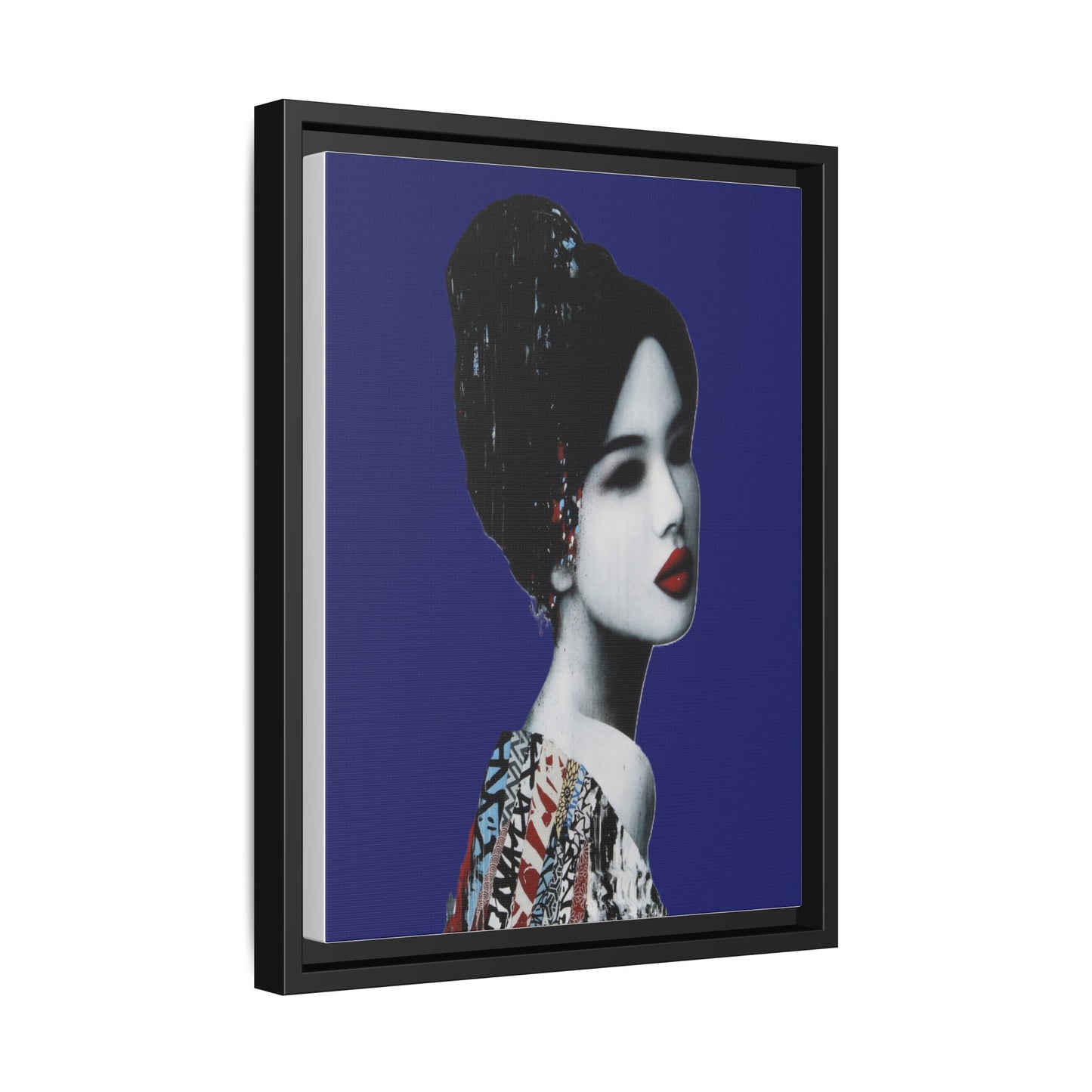 Framed Matte Canvas Art — Elegant Geisha Portrait on Deep Blue