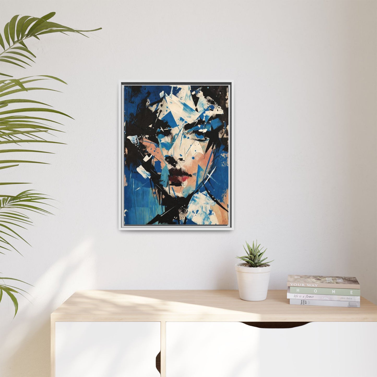 Abstract Portrait Matte Canvas Framed Wall Art — Blue Mixed-Media Face Print