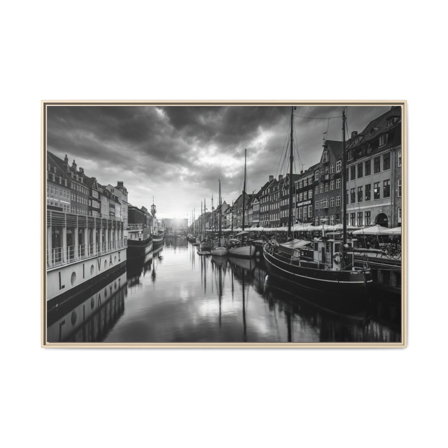 Framed Matte Canvas: Black & White Dutch Canal Photography Wall Art