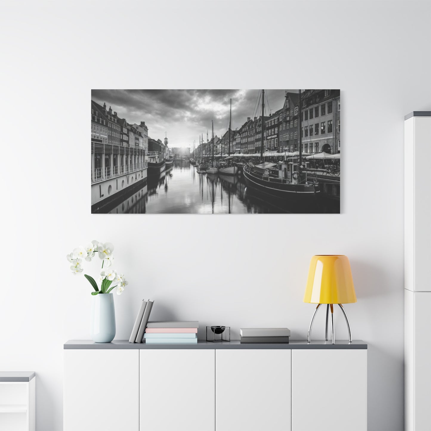 Black & White Harbor Canvas Print — Dramatic Copenhagen Cityscape Wall Art