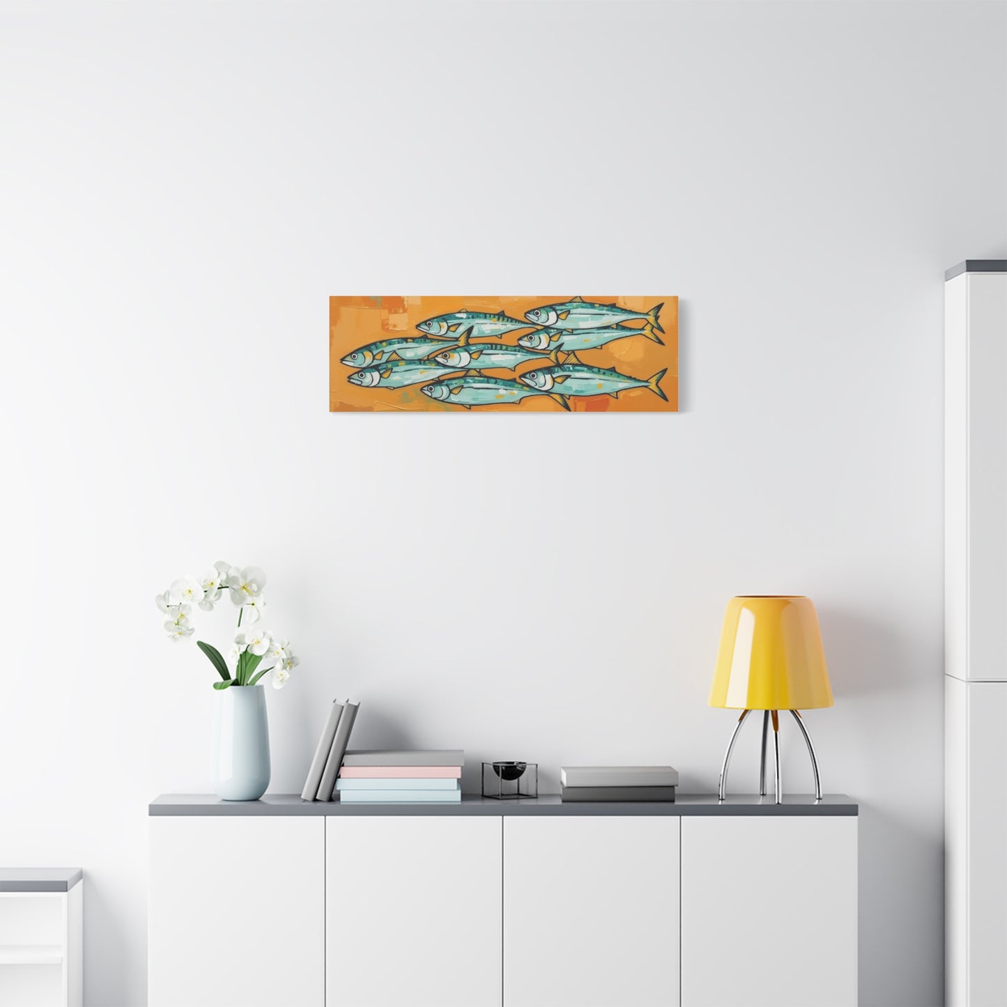 School of Mackerel Canvas Wall Art — Nautical Fish Painting on Orange Background
