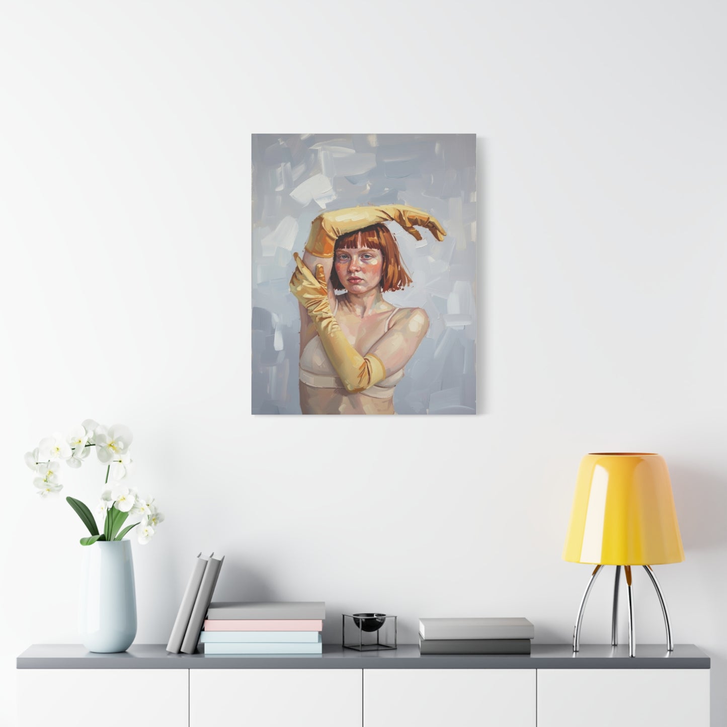 Portrait Canvas Print — Redheaded Woman with Yellow Gloves, Matte Stretched Art