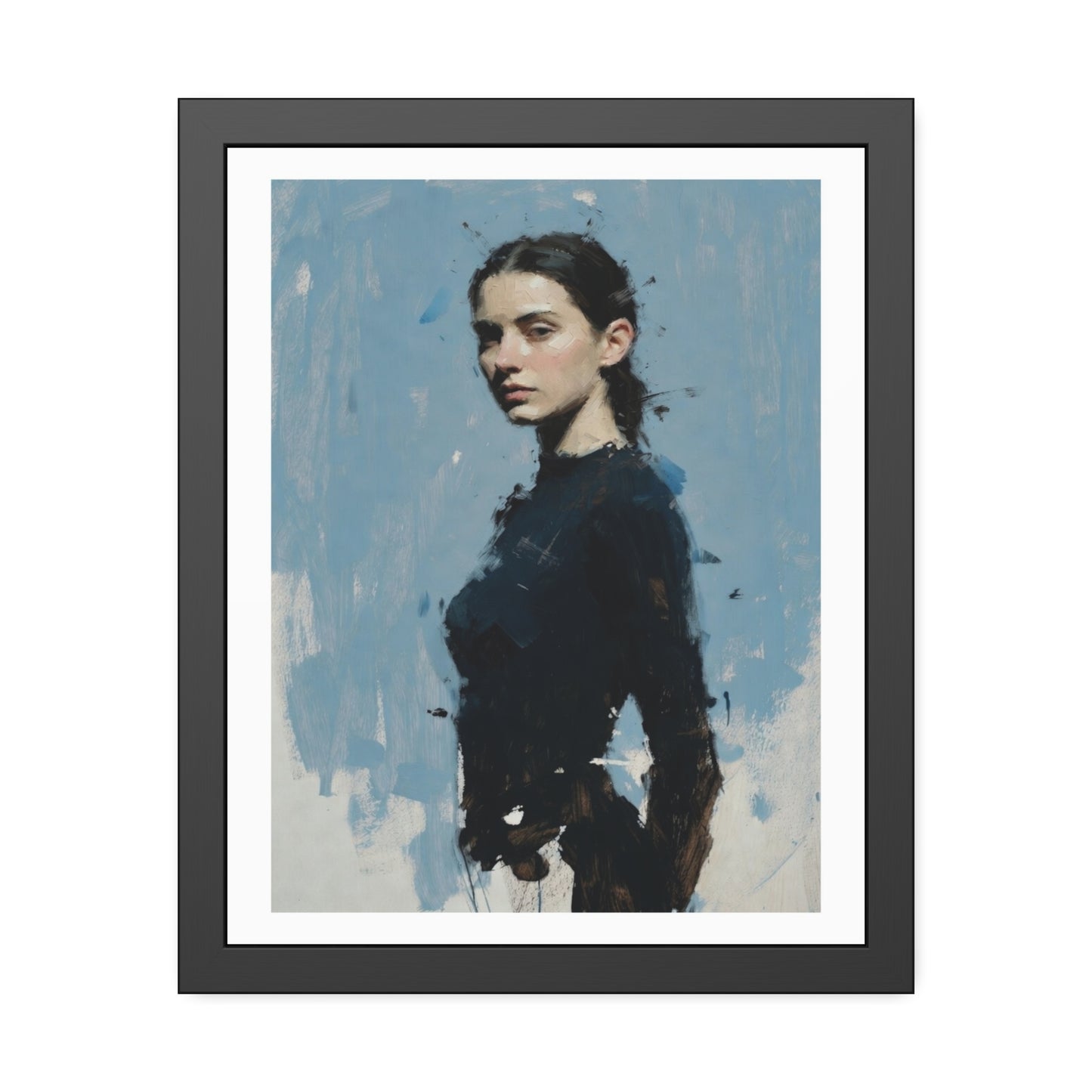 Framed Art Print — Moody Portrait with Blue Painterly Background