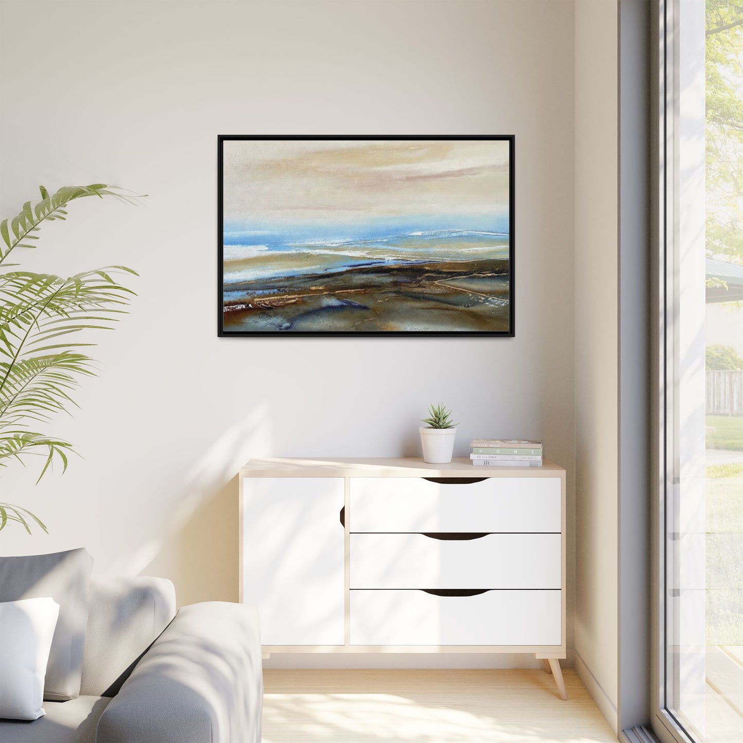 Framed Abstract Seascape Matte Canvas — Coastal Blue & Earth Tone Wall Art