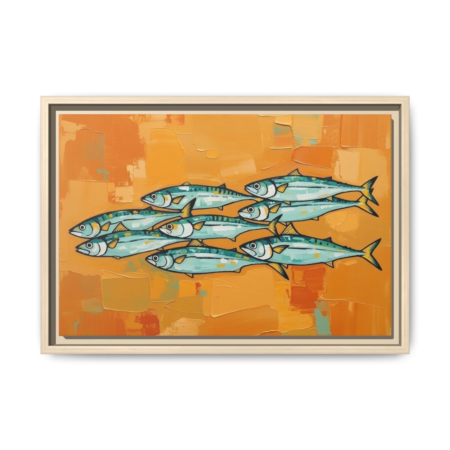 Framed Matte Canvas Print — School of Blue Fish on Orange Abstract Background