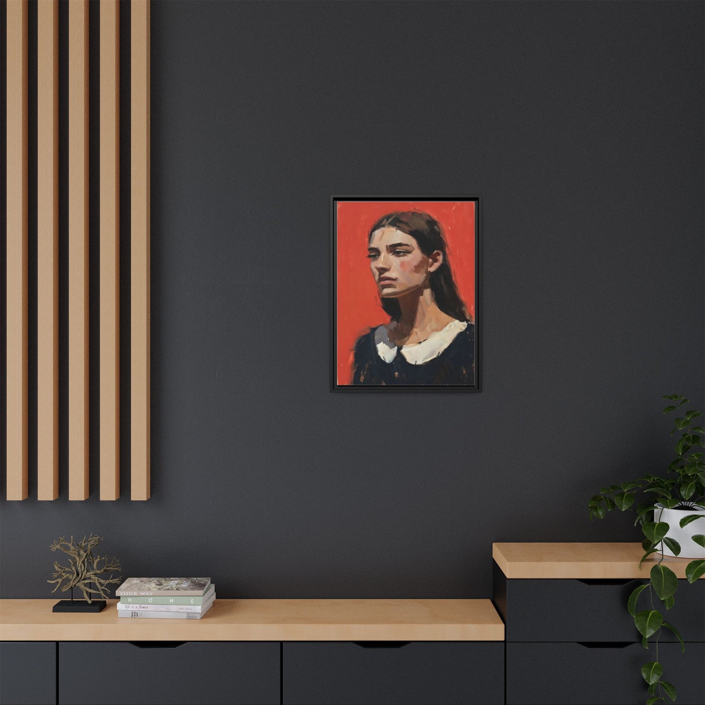 Framed Matte Canvas Portrait Print — Moody Red Figurative Art