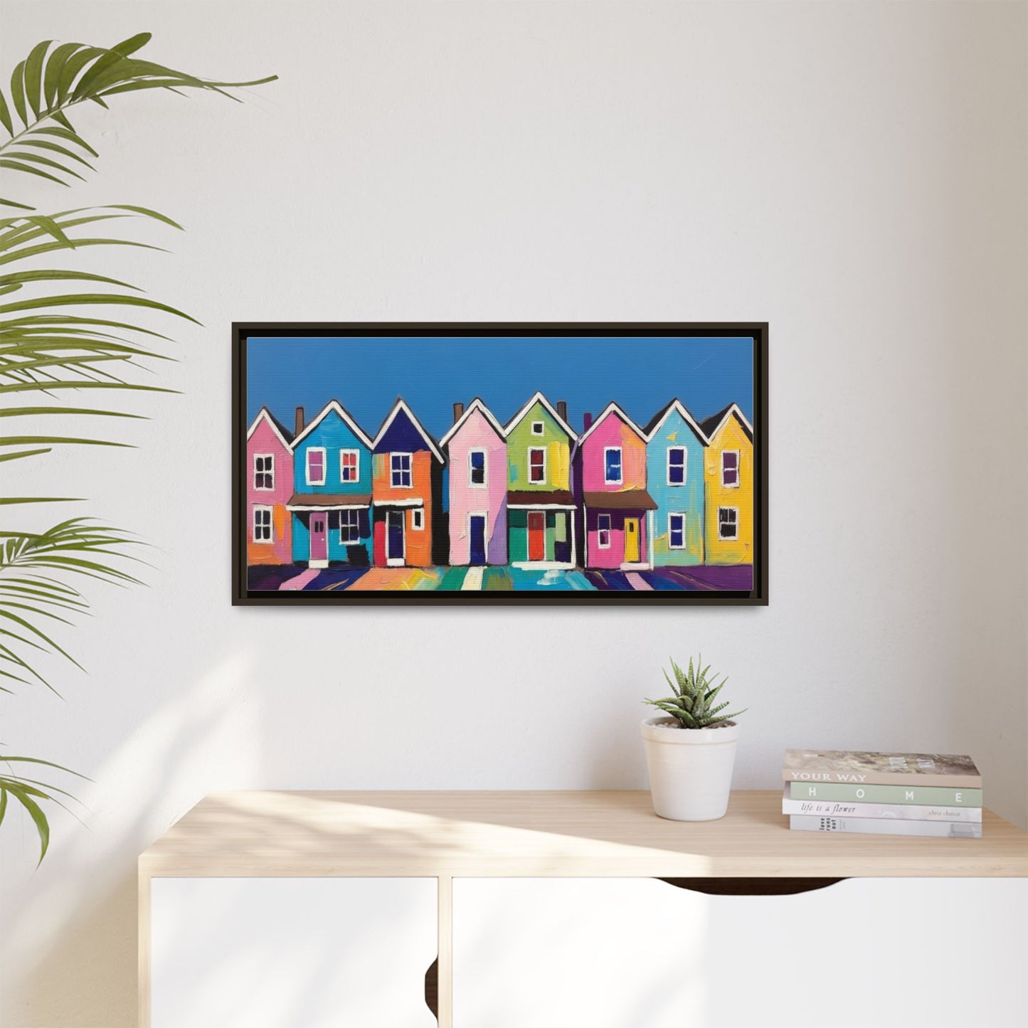 Colorful Beach Houses Matte Canvas Framed Wall Art