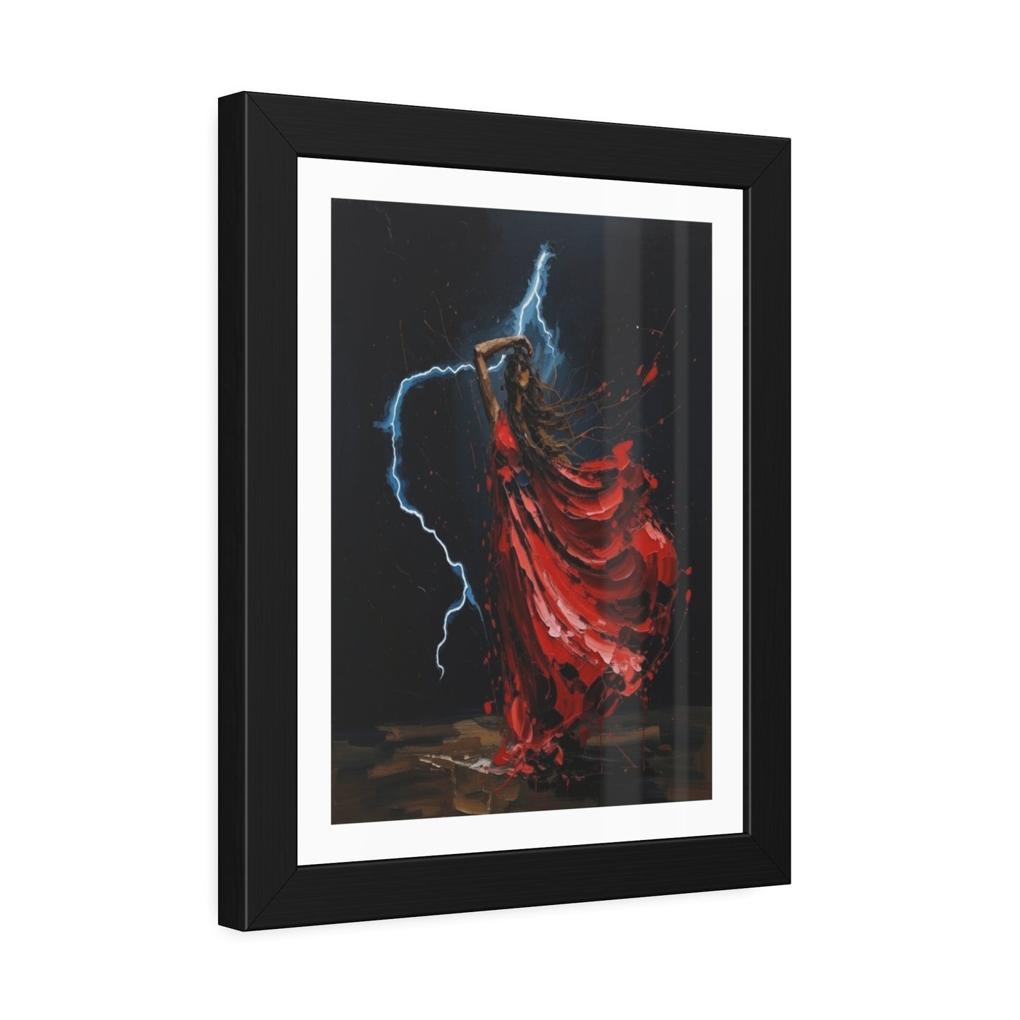 Framed Poster — Red-Dressed Dancer with Lightning Art Print