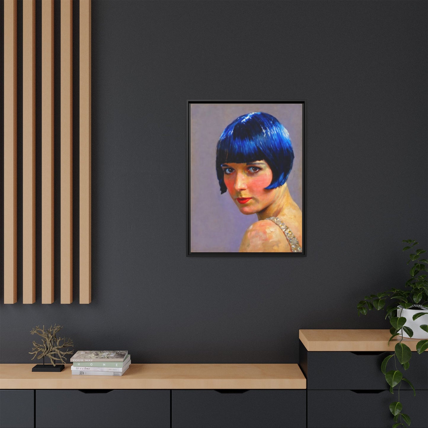 Framed Matte Canvas Art Print — Vintage Portrait with Blue Bob