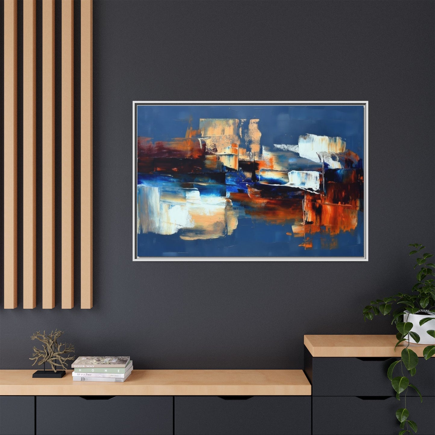 Abstract Blue & Rust Framed Canvas Art — Modern Matte Wall Painting