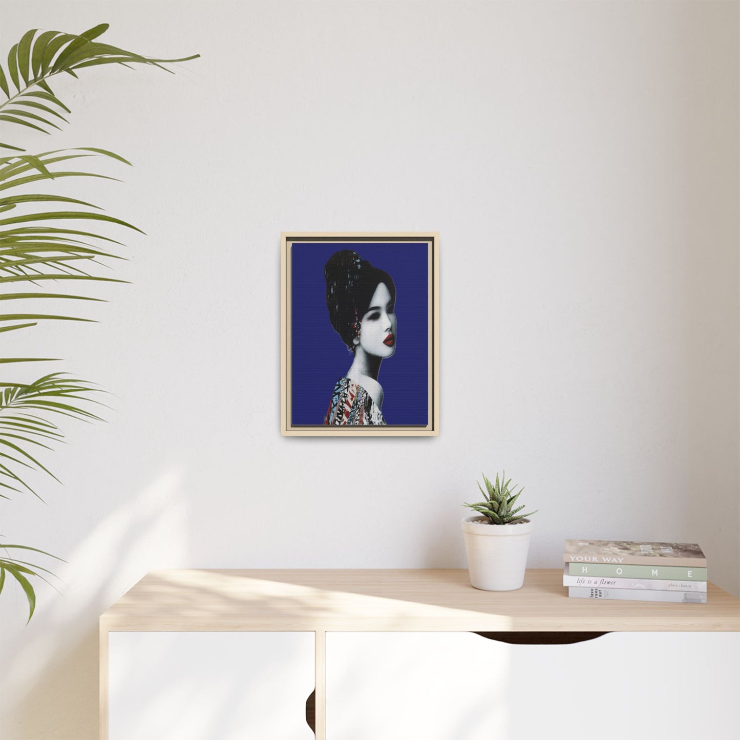Framed Matte Canvas Art — Elegant Geisha Portrait on Deep Blue