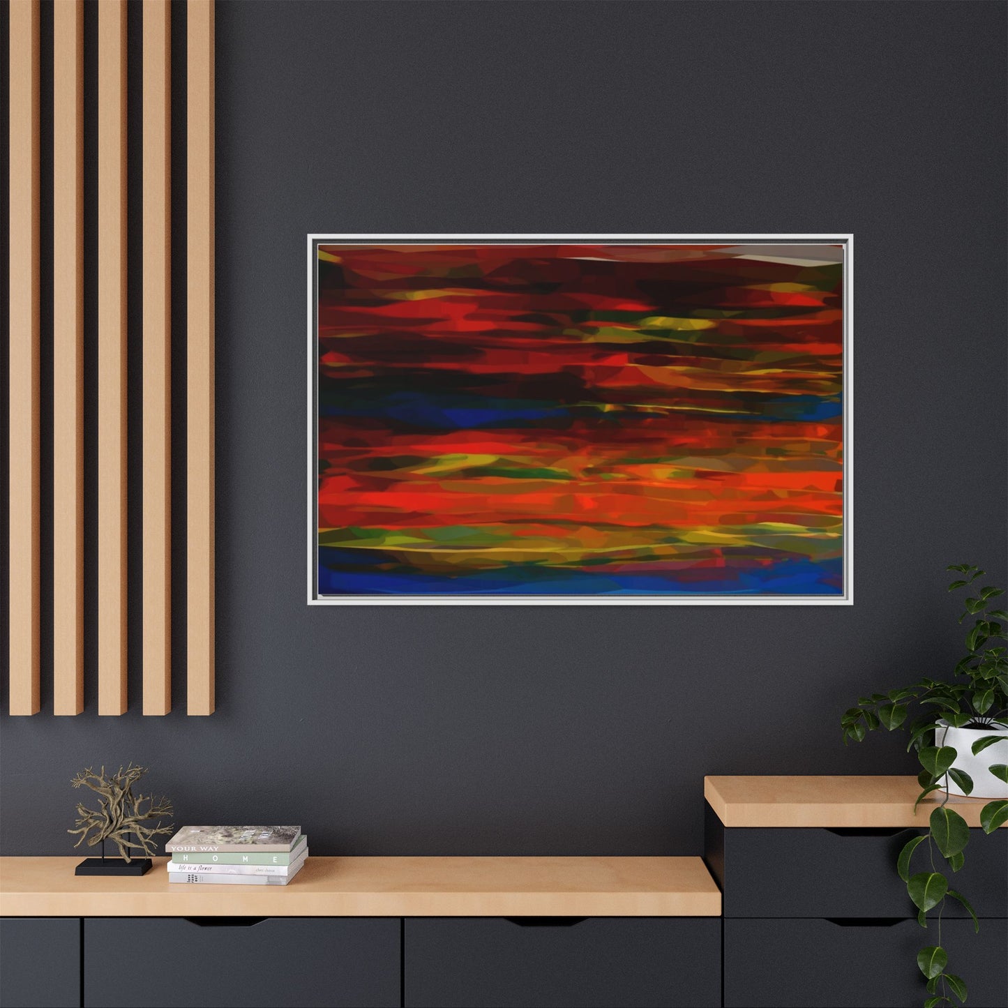 Abstract Multi-Color Matte Canvas Framed Wall Art — Bold Red & Blue Modern Painting