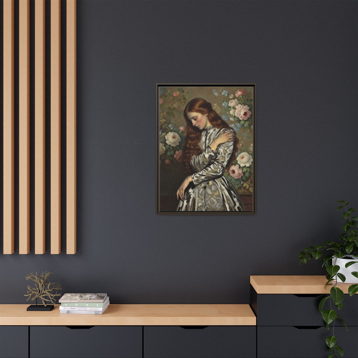 Framed Matte Canvas Art — Vintage Floral Portrait of a Young Woman