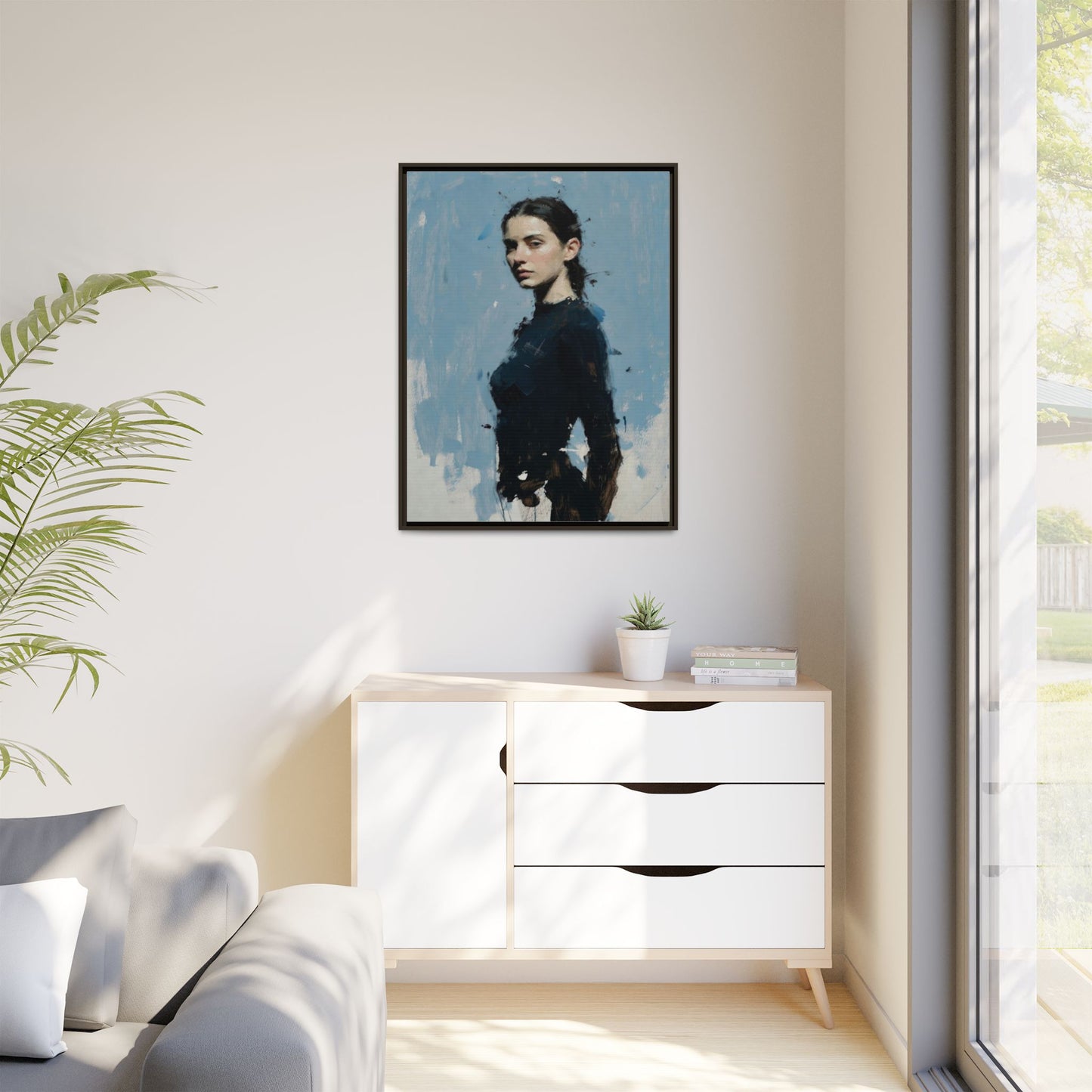Framed Matte Canvas Portrait Print — Elegant Blue Woman Art