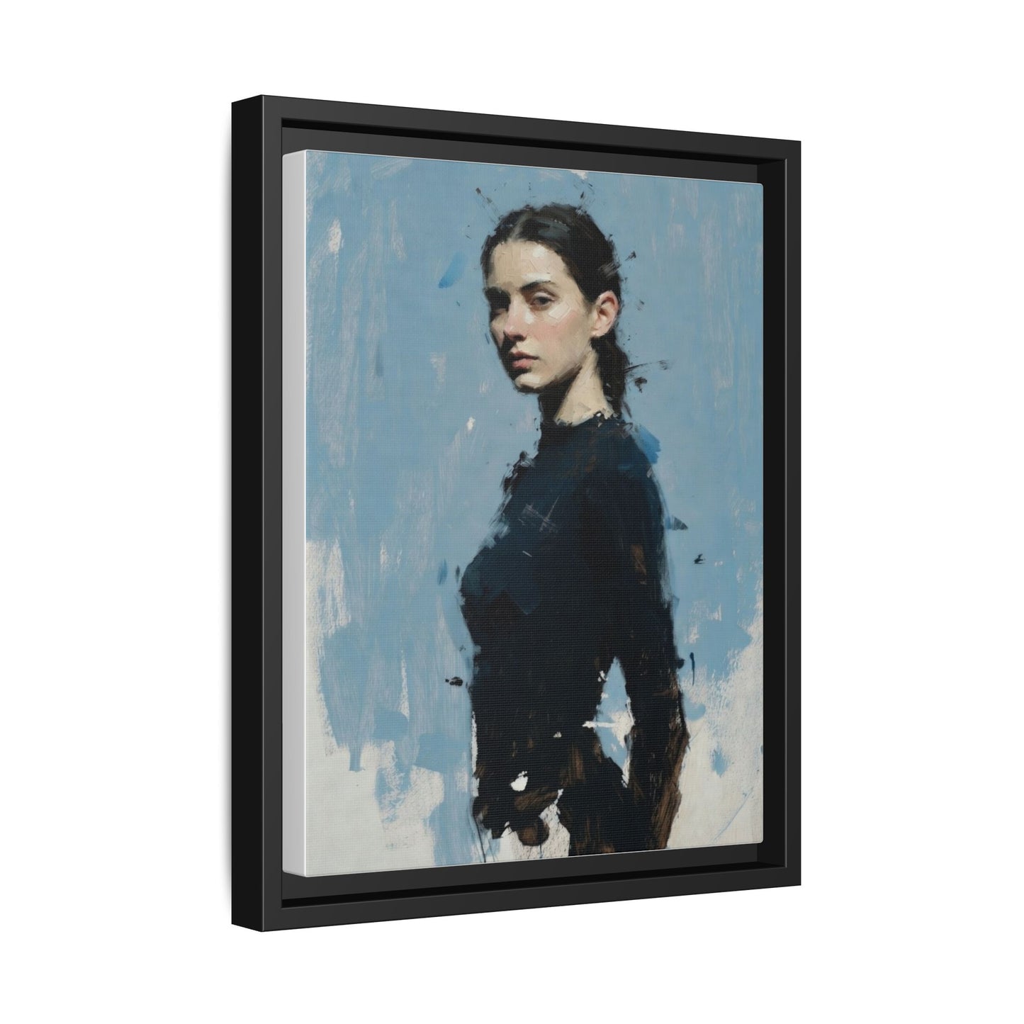 Framed Matte Canvas Portrait Print — Elegant Blue Woman Art