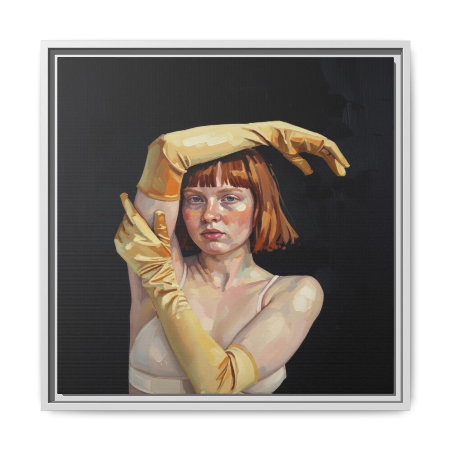 Framed Matte Canvas Art – Portrait of Woman in Yellow Gloves