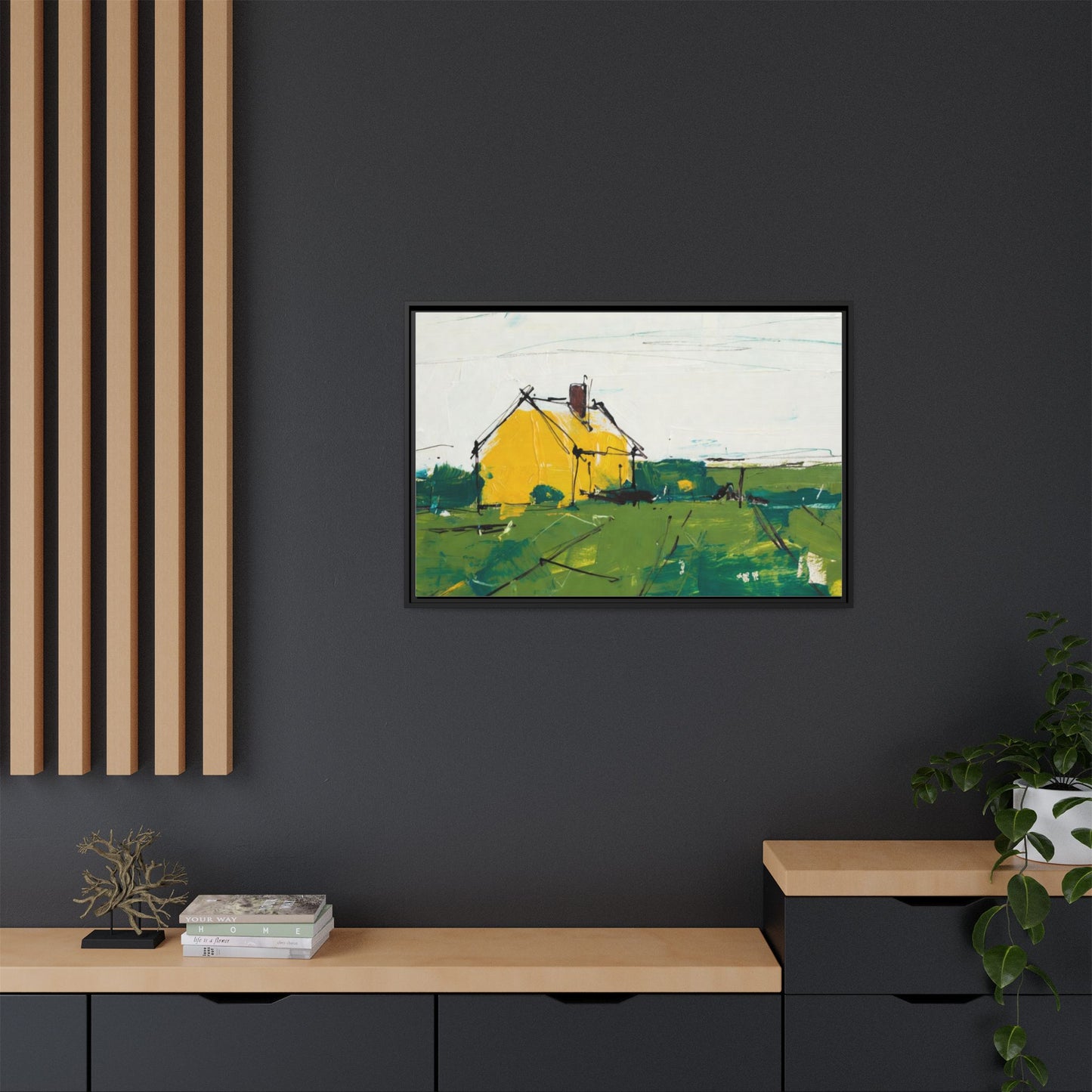 Yellow Cottage Landscape Framed Canvas Print