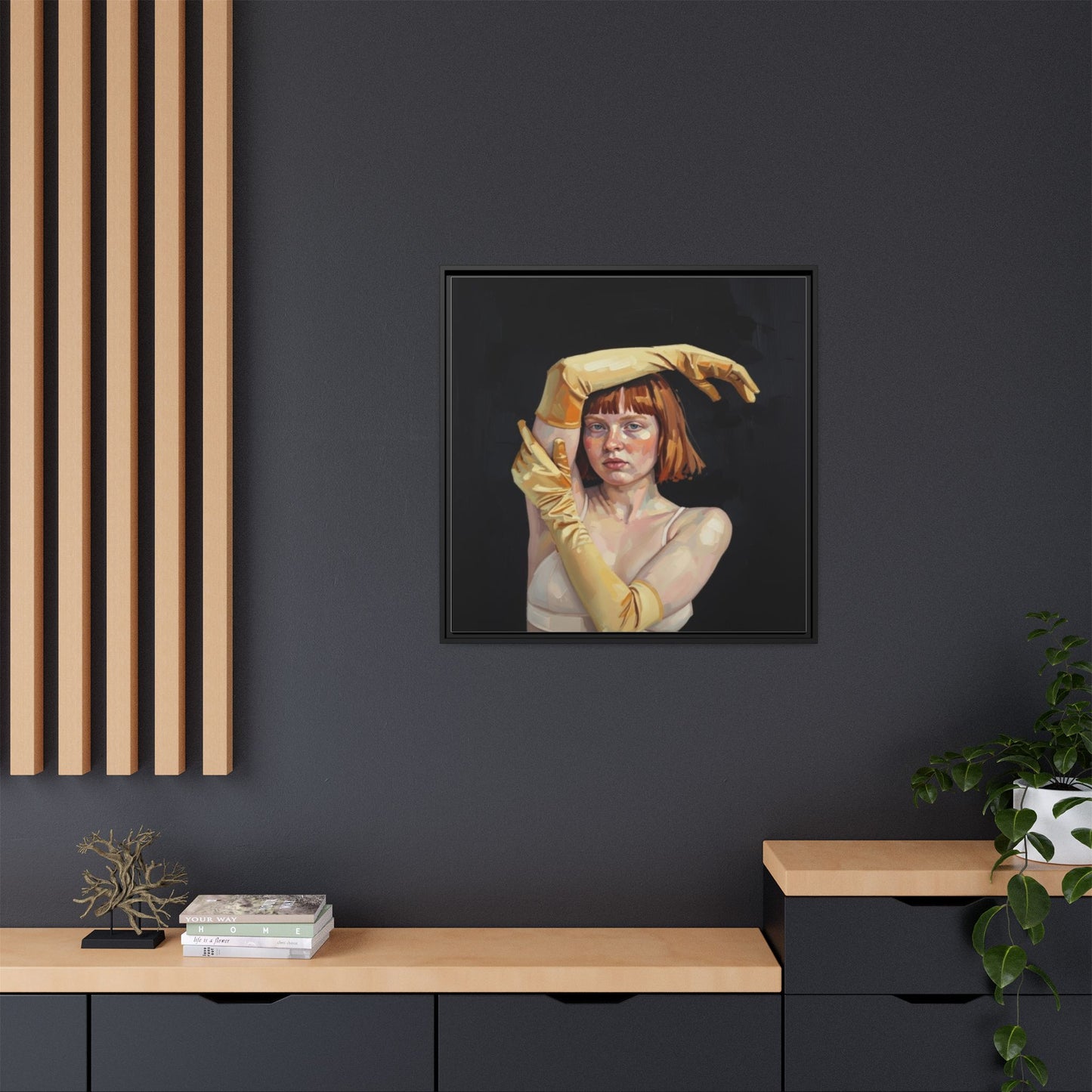 Framed Matte Canvas Art – Portrait of Woman in Yellow Gloves