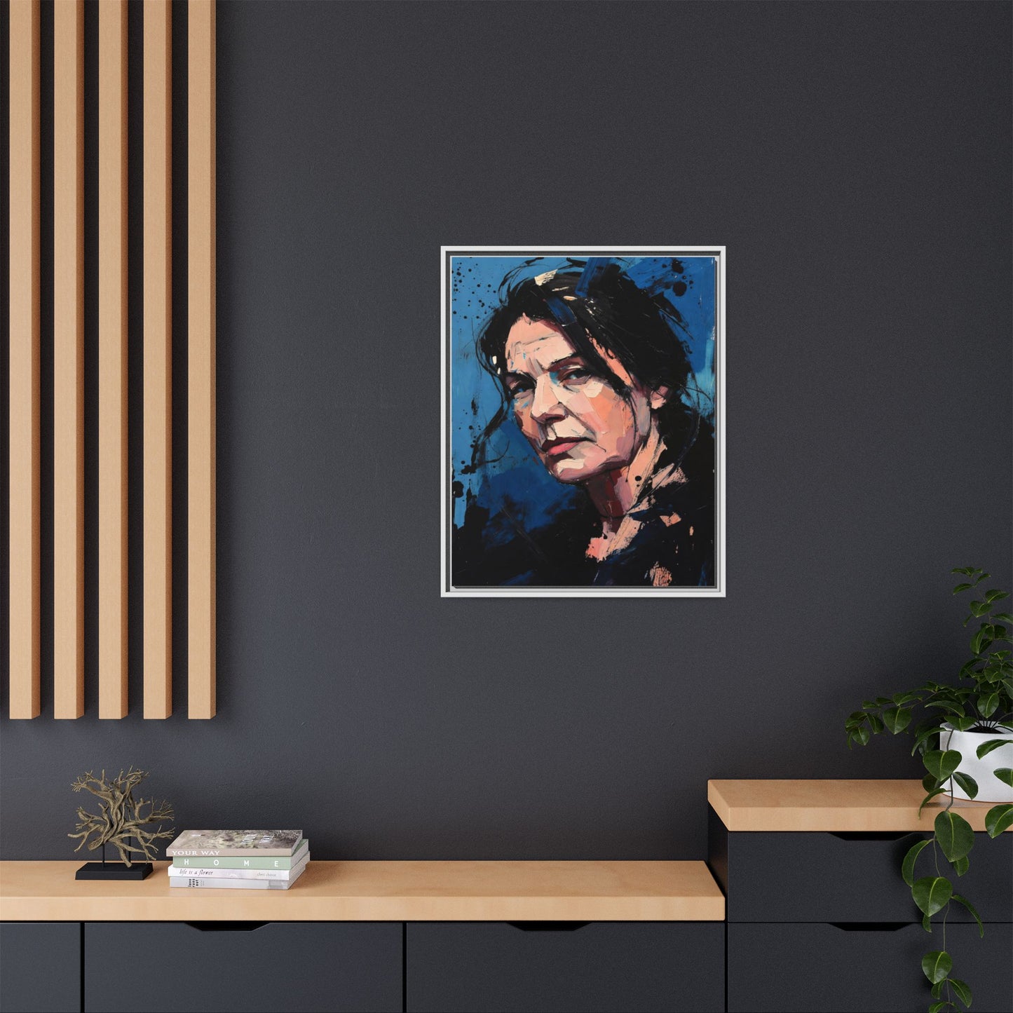 Framed Matte Canvas Portrait — Expressive Blue Painterly Woman Art