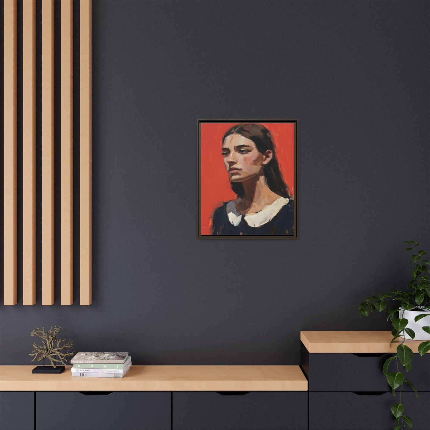 Framed Matte Canvas Portrait Print — Moody Red Figurative Art