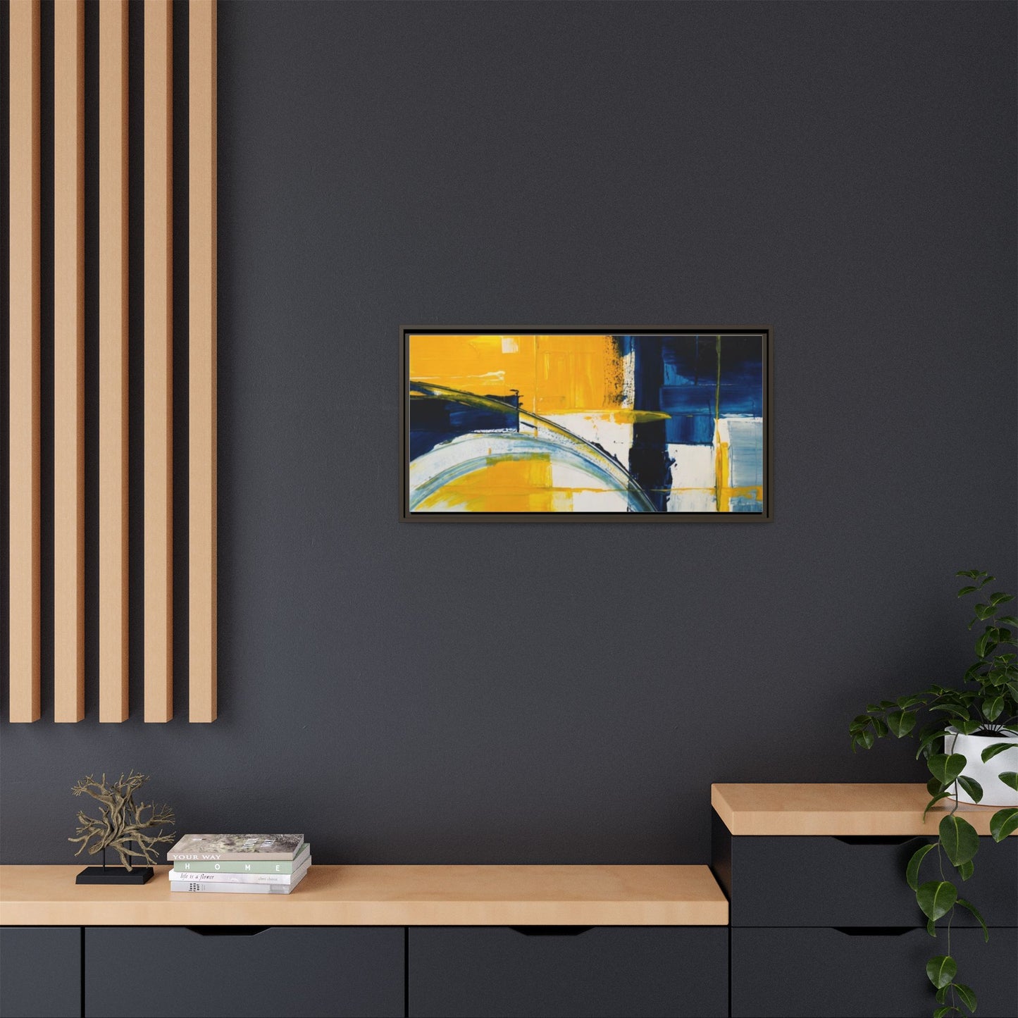 Abstract Yellow & Blue Framed Canvas Wall Art — Modern Matte Canvas Print