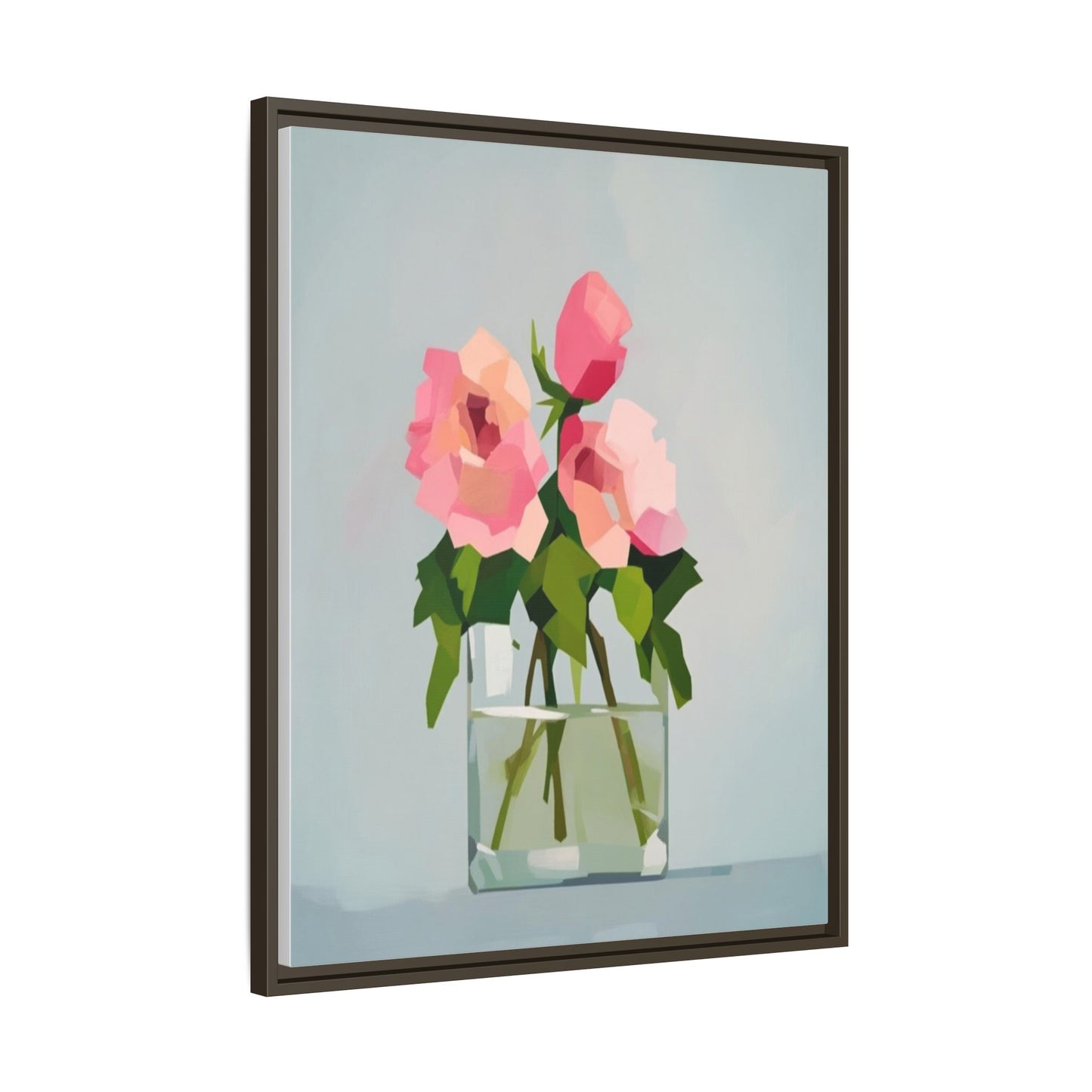Framed Floral Canvas Print — Pink Roses in Glass Vase (Matte)