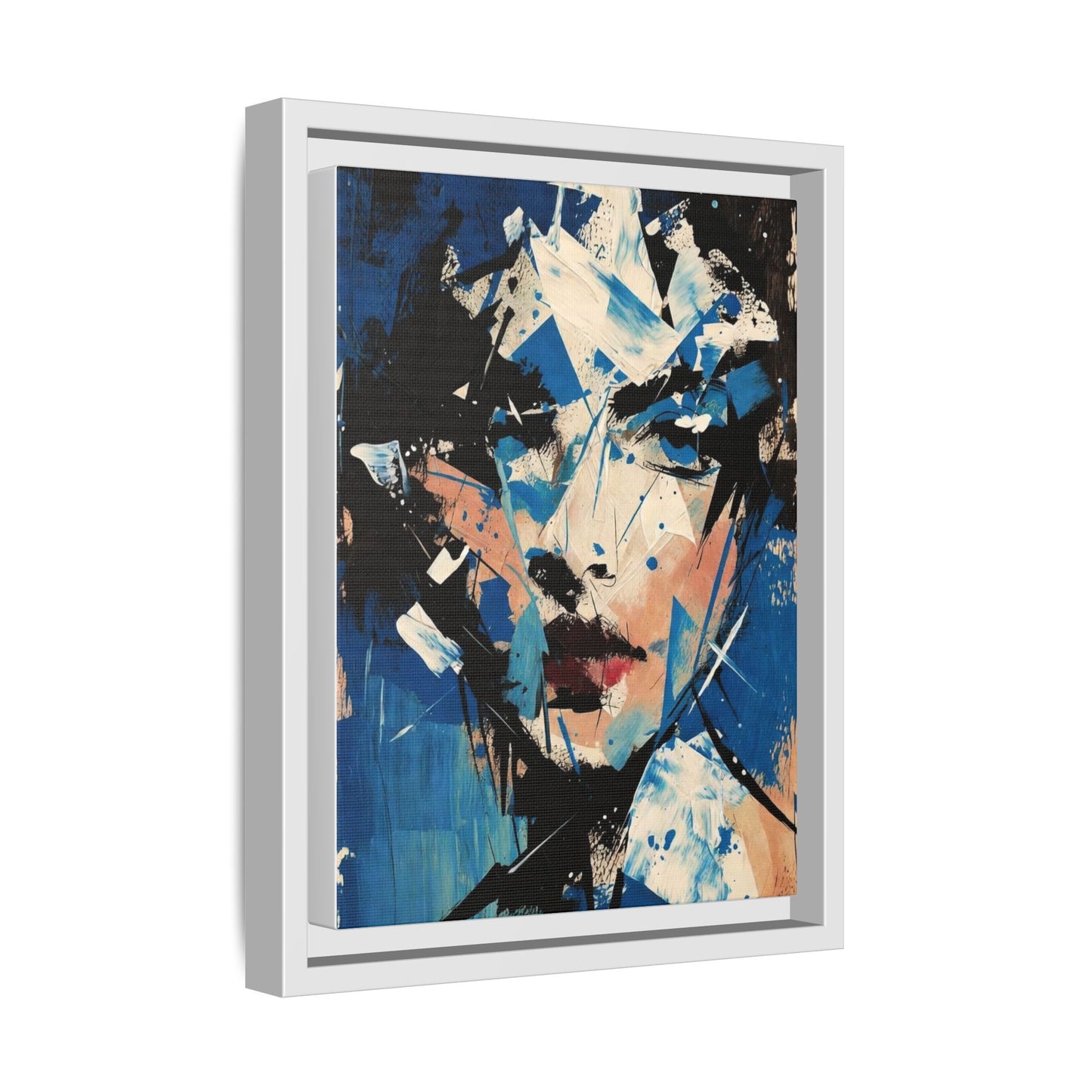 Abstract Portrait Matte Canvas Framed Wall Art — Blue Mixed-Media Face Print