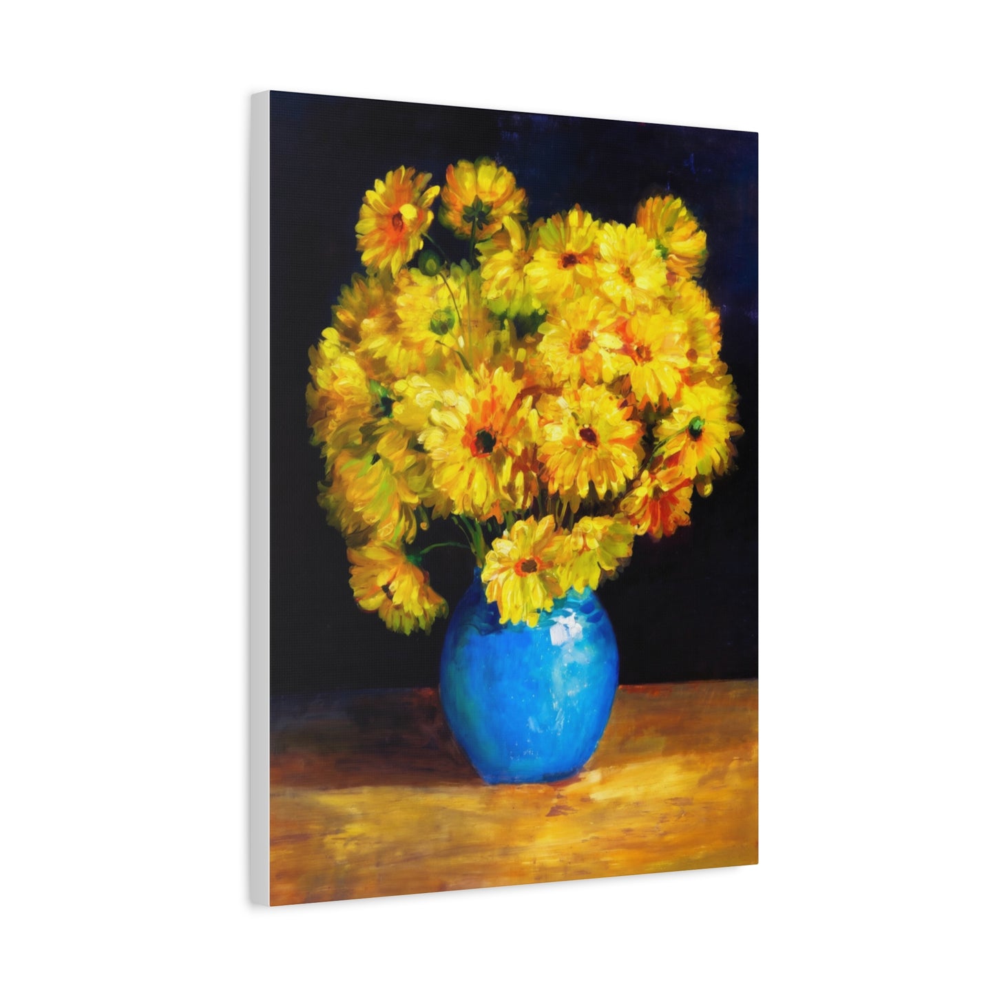 Yellow Chrysanthemum Canvas Wall Art — Blue Vase Floral Painting (Stretched Matte)