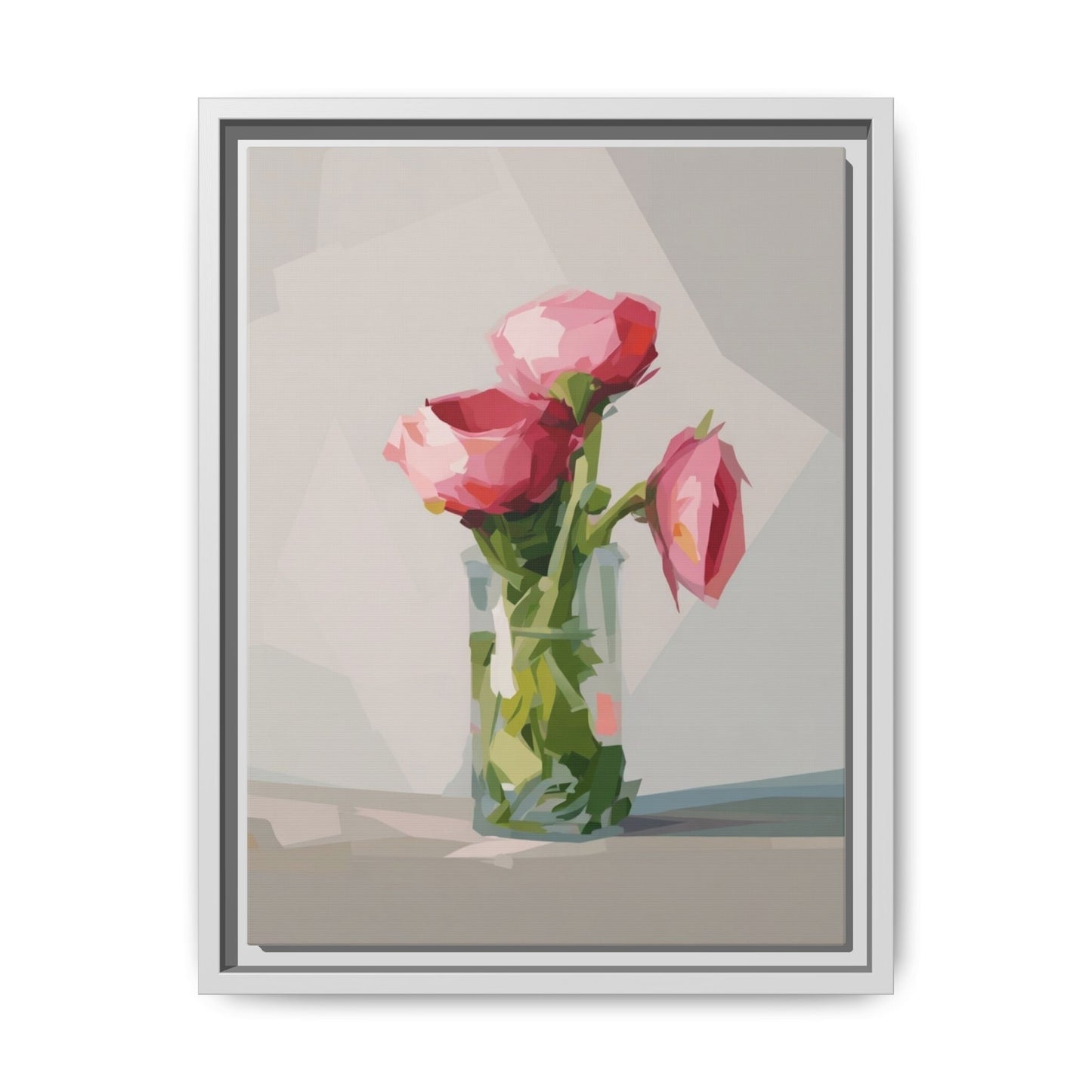 Framed Canvas Art — Pink Roses in Vase, Modern Floral Wall Print